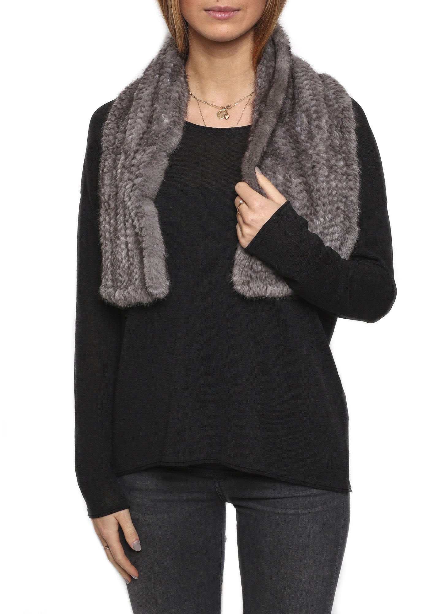 Knitted Grey Slit Mink Luxury Fur Scarf - Jessimara
