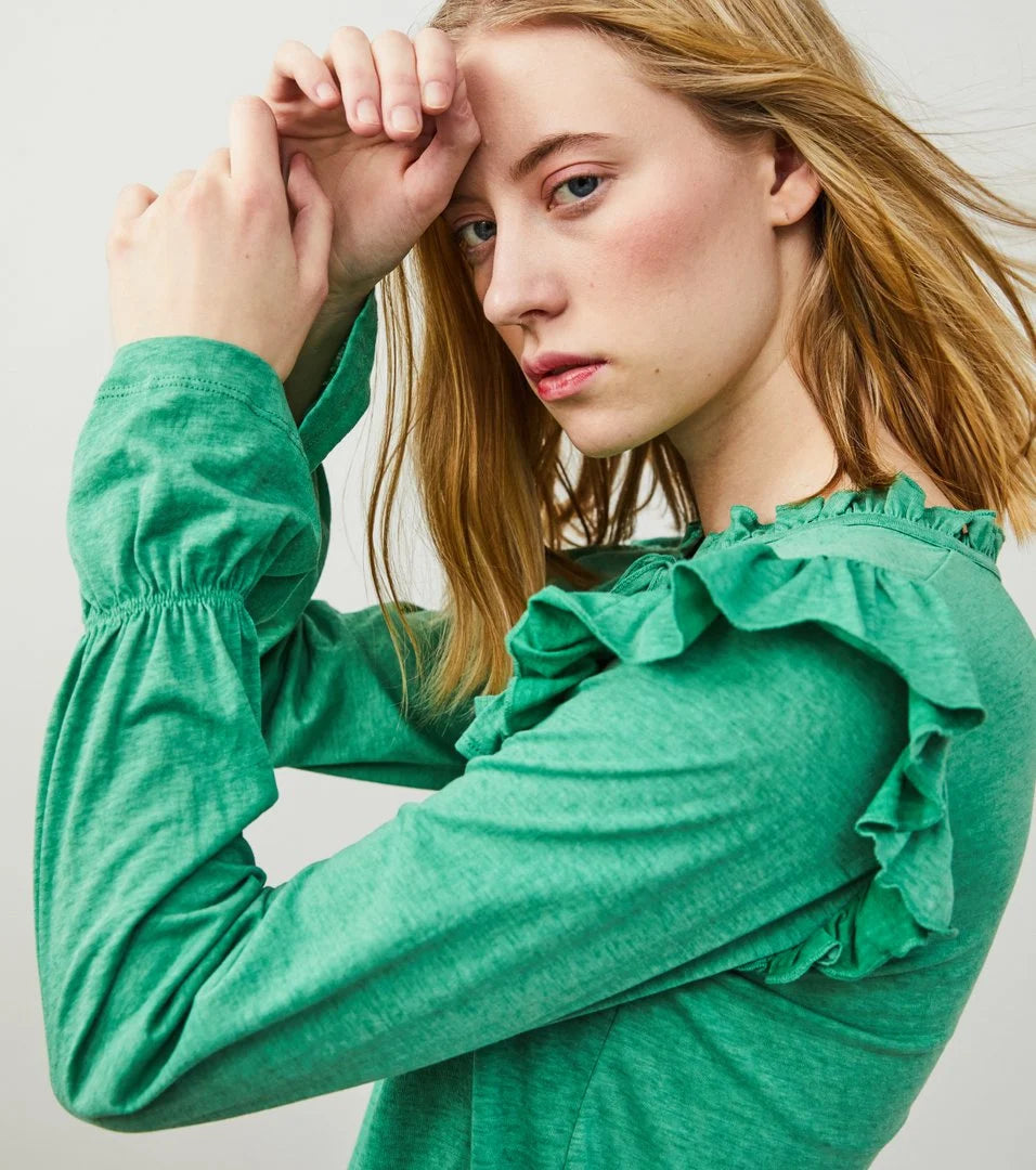 Wonder Green Bess long sleeve cotton frill top