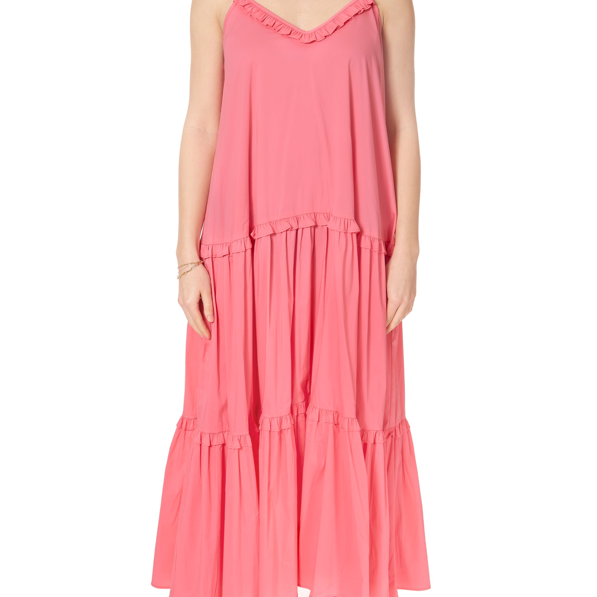 Red Lyrio Pink Strappy Ruffle Long Dress