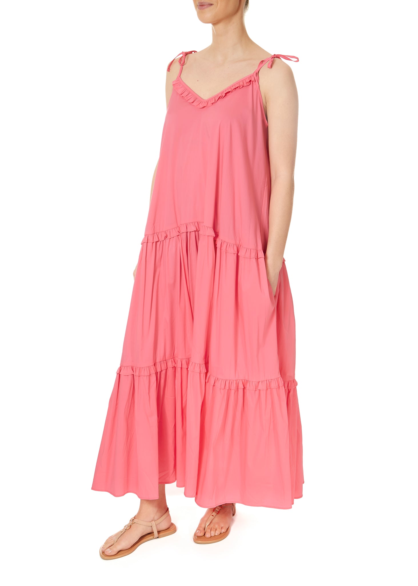 Red Lyrio Pink Strappy Ruffle Long Dress
