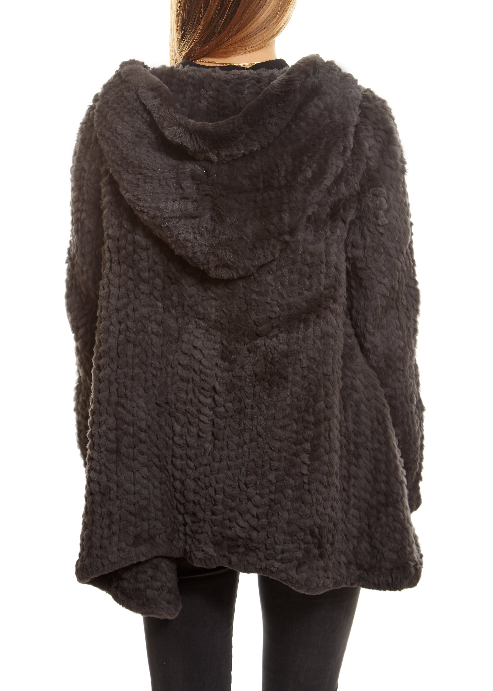 Grey Knitted Real Rex Rabbit Fur Fluted Hoodie - Jessimara