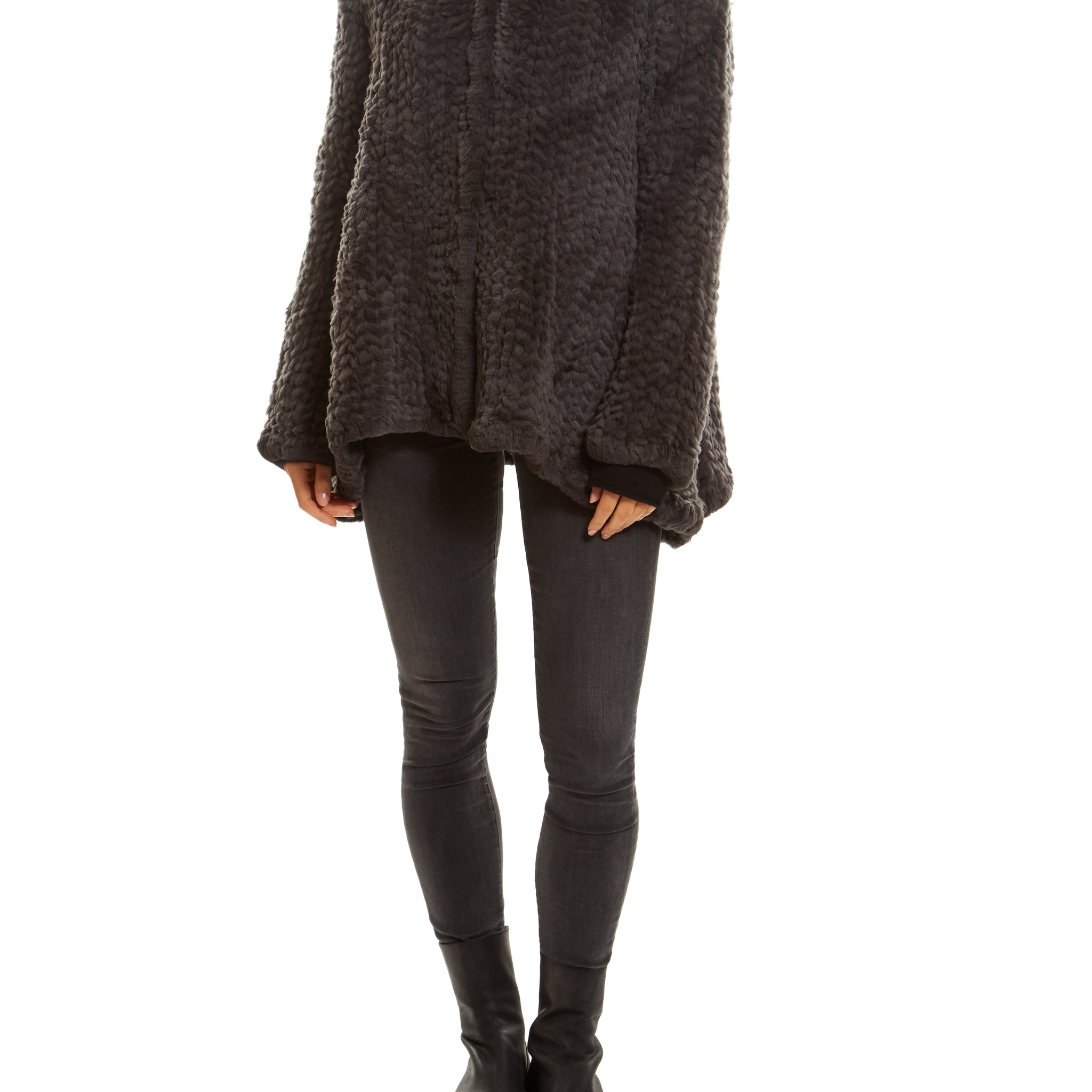 Grey Knitted Real Rex Rabbit Fur Fluted Hoodie - Jessimara
