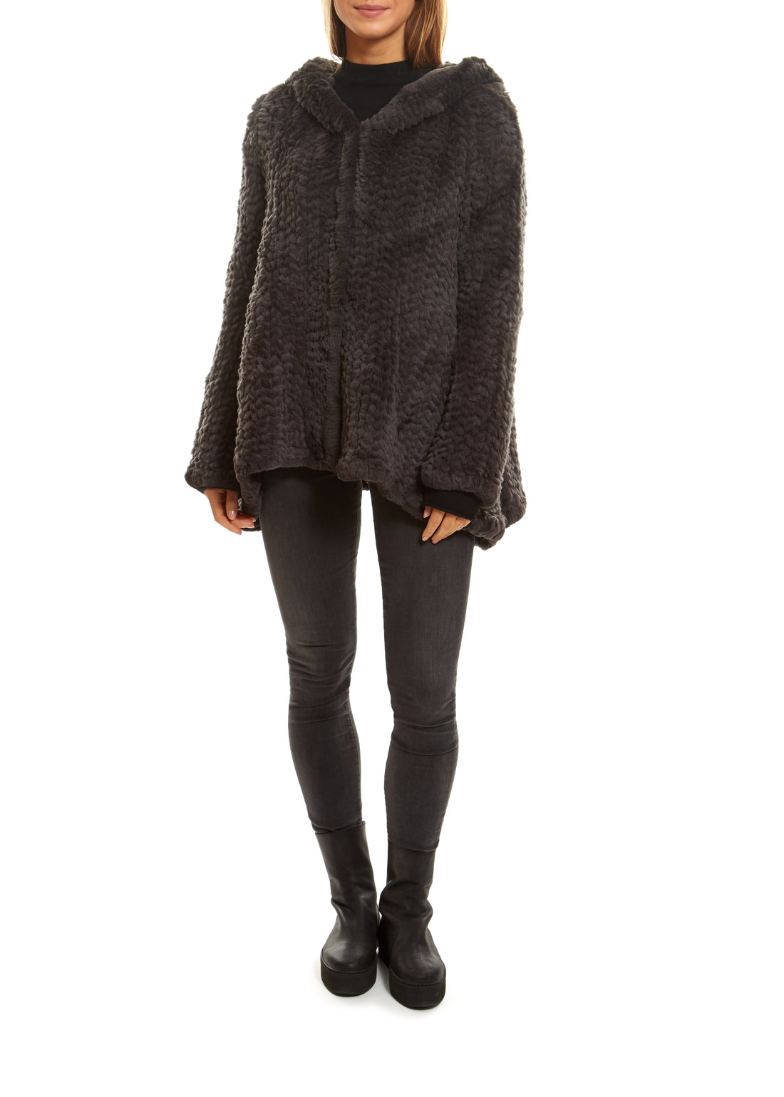 Grey Knitted Real Rex Rabbit Fur Fluted Hoodie - Jessimara