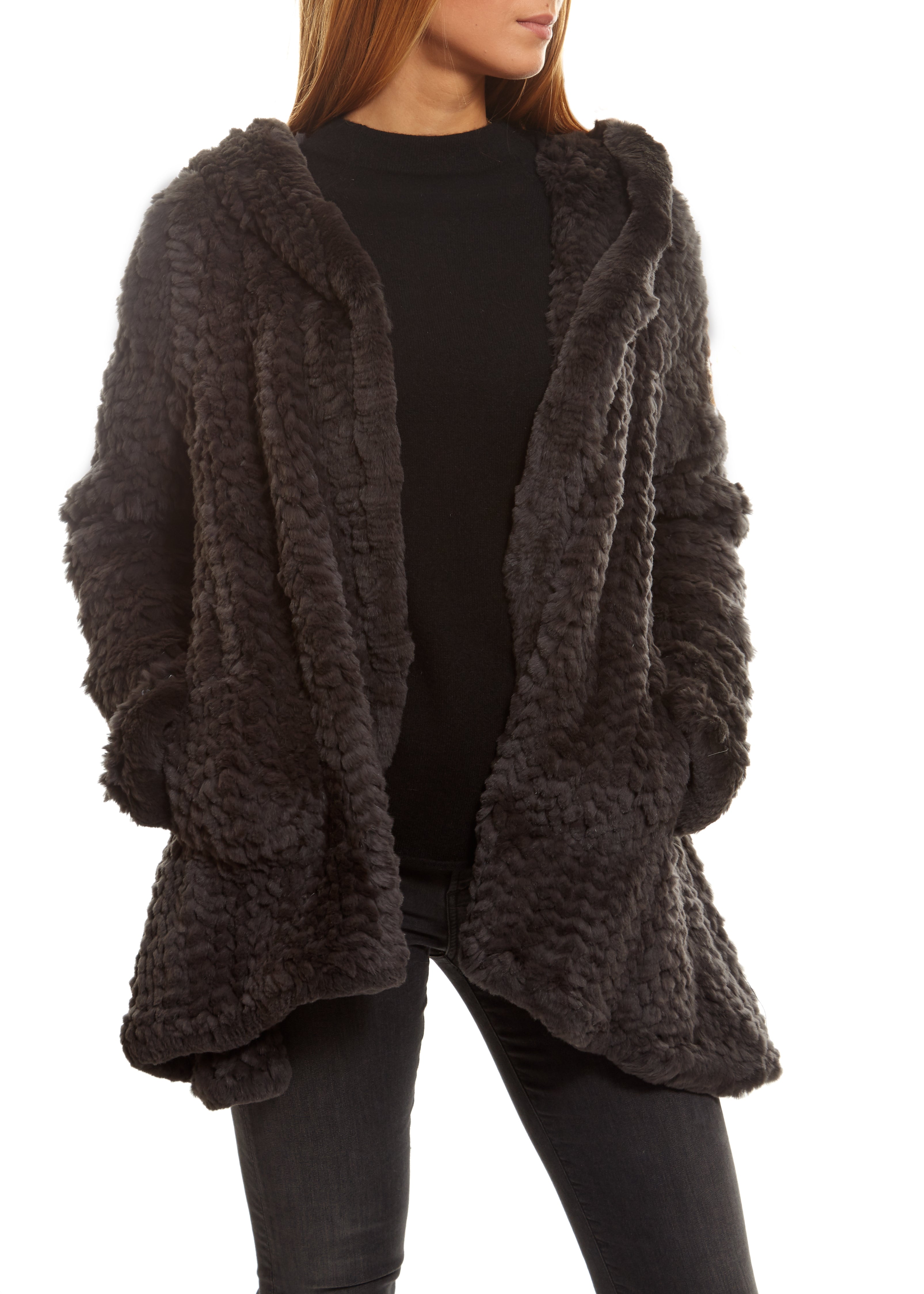 Grey Knitted Real Rex Rabbit Fur Fluted Hoodie | Jessimara London