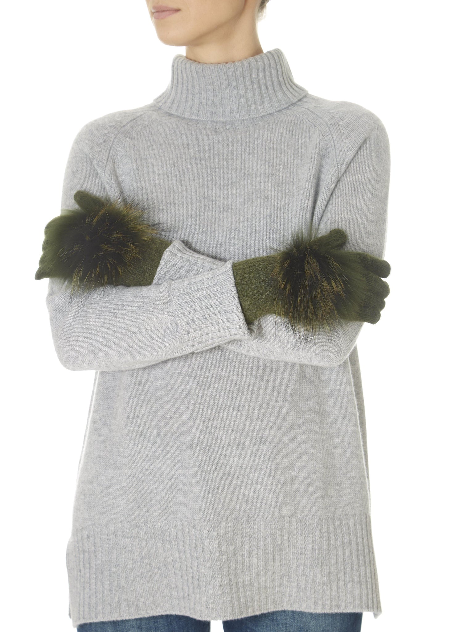 Khaki Green Fur Pom Gloves - Jessimara