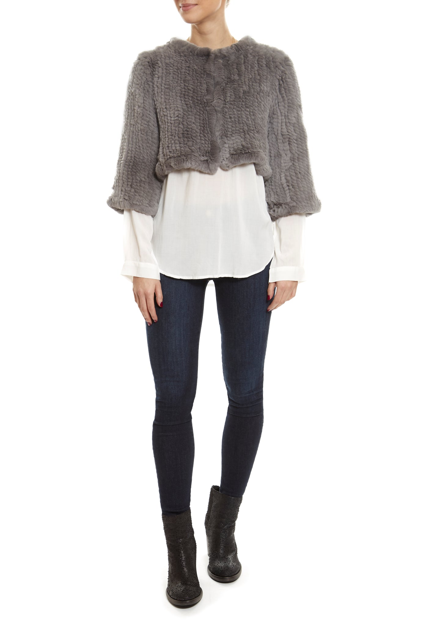 Knitted Rabbit Light Grey Genuine Fur Jacket - Jessimara