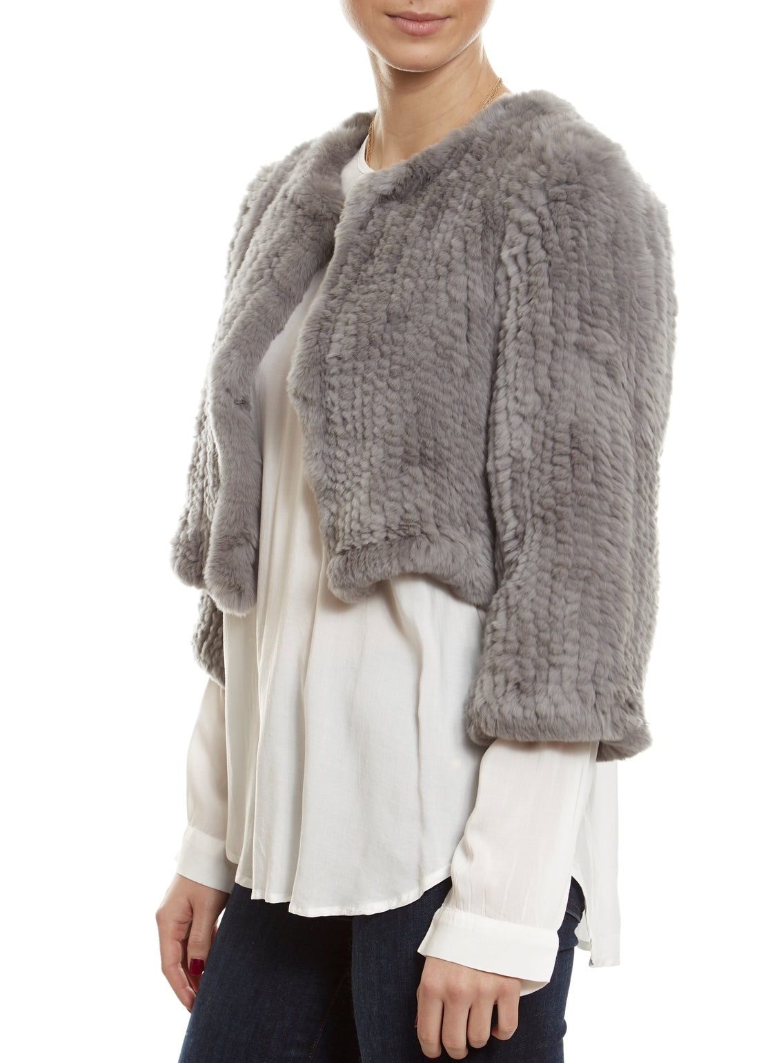 Knitted Rabbit Light Grey Genuine Fur Jacket - Jessimara