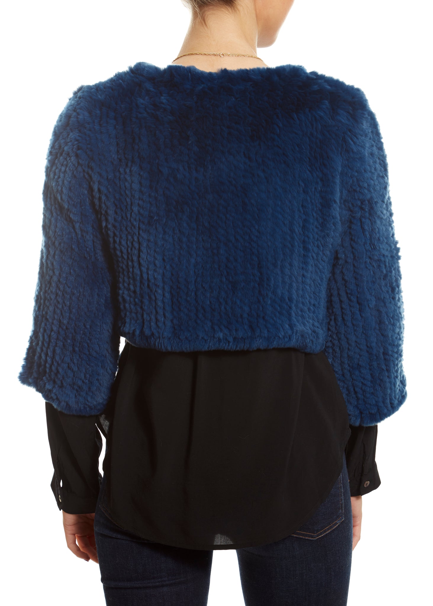 Knitted Rabbit Royal Blue Green Genuine Fur Jacket - Jessimara