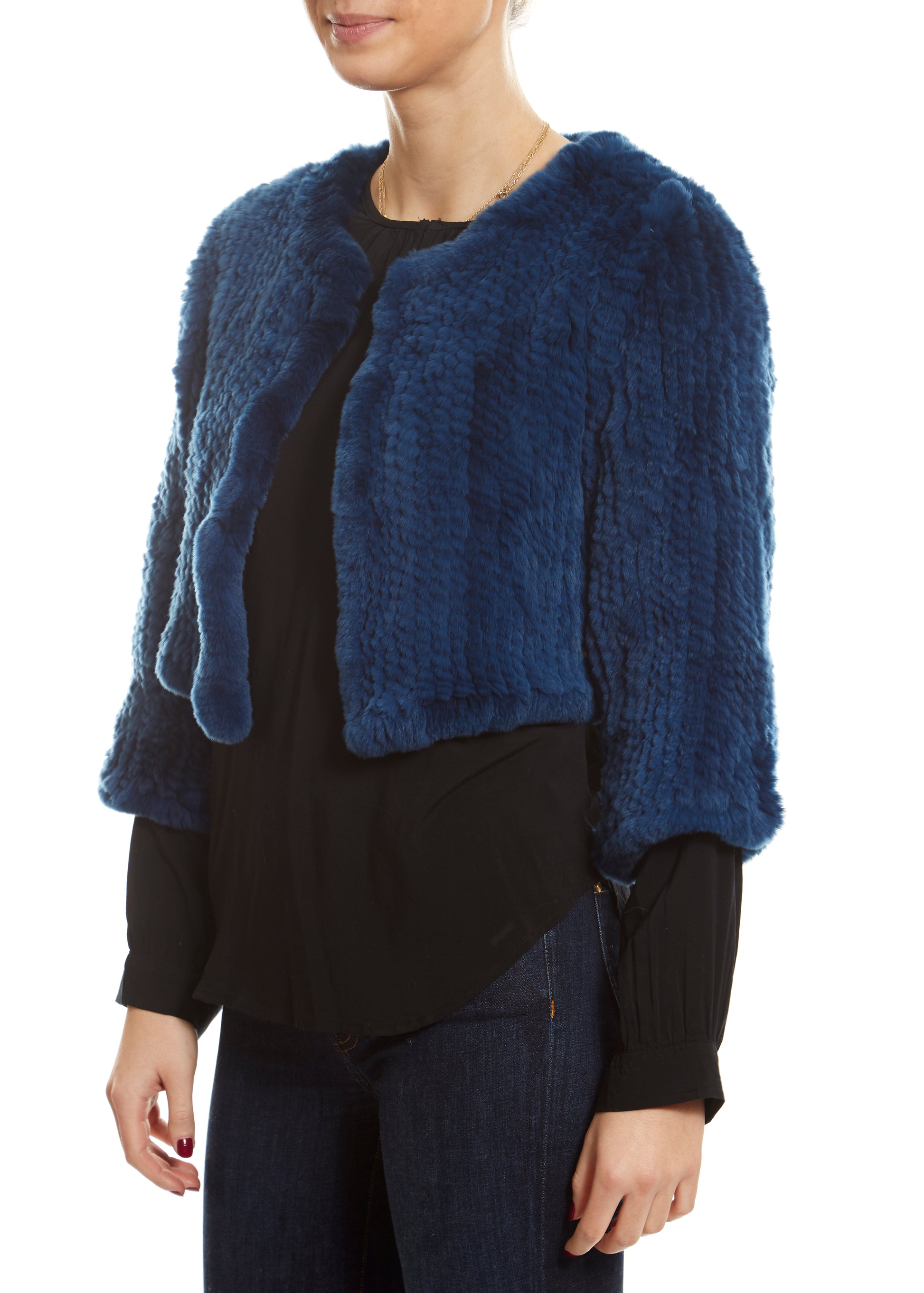 Knitted Rabbit Royal Blue Green Genuine Fur Jacket - Jessimara