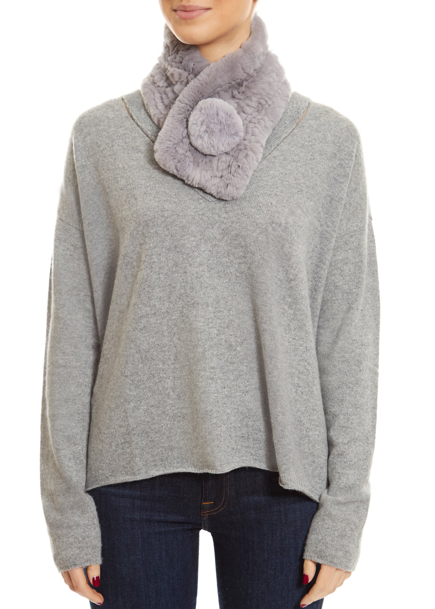 Light Grey Bobble Knitted Rabbit Luxury Fur Scarf - Jessimara
