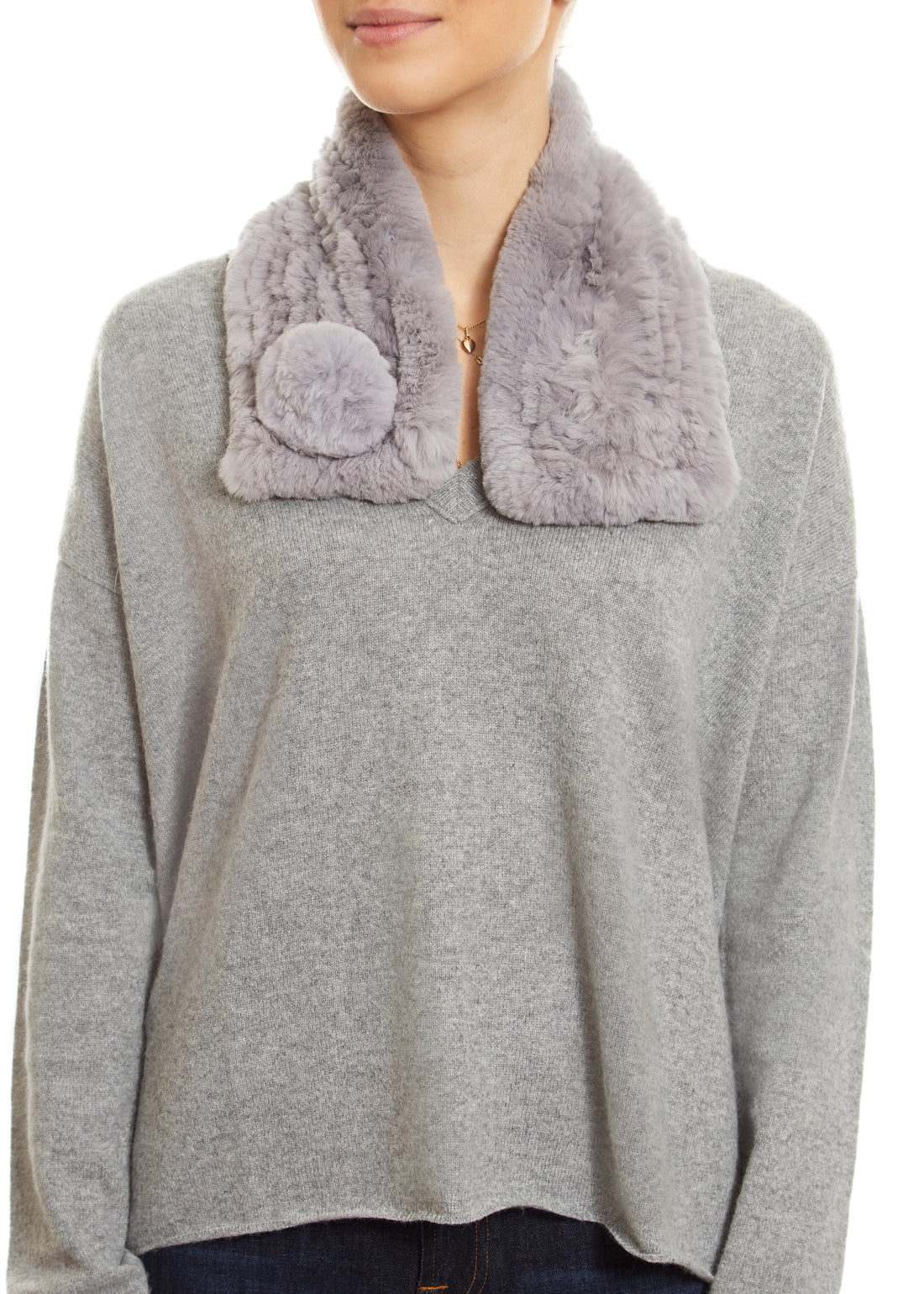Light Grey Bobble Knitted Rabbit Luxury Fur Scarf - Jessimara