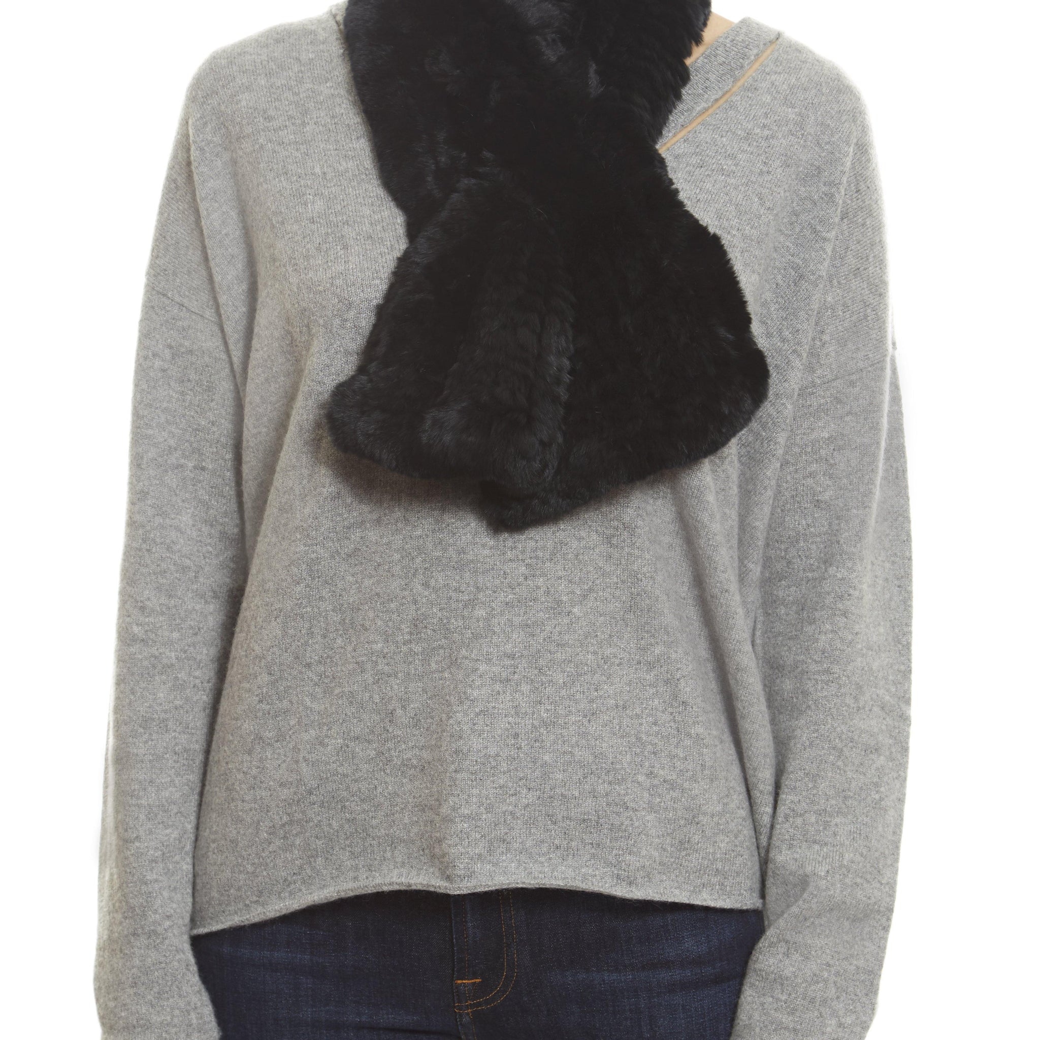 Black Knitted Rex Rabbit 'Loop' Luxury Fur Scarf - Jessimara
