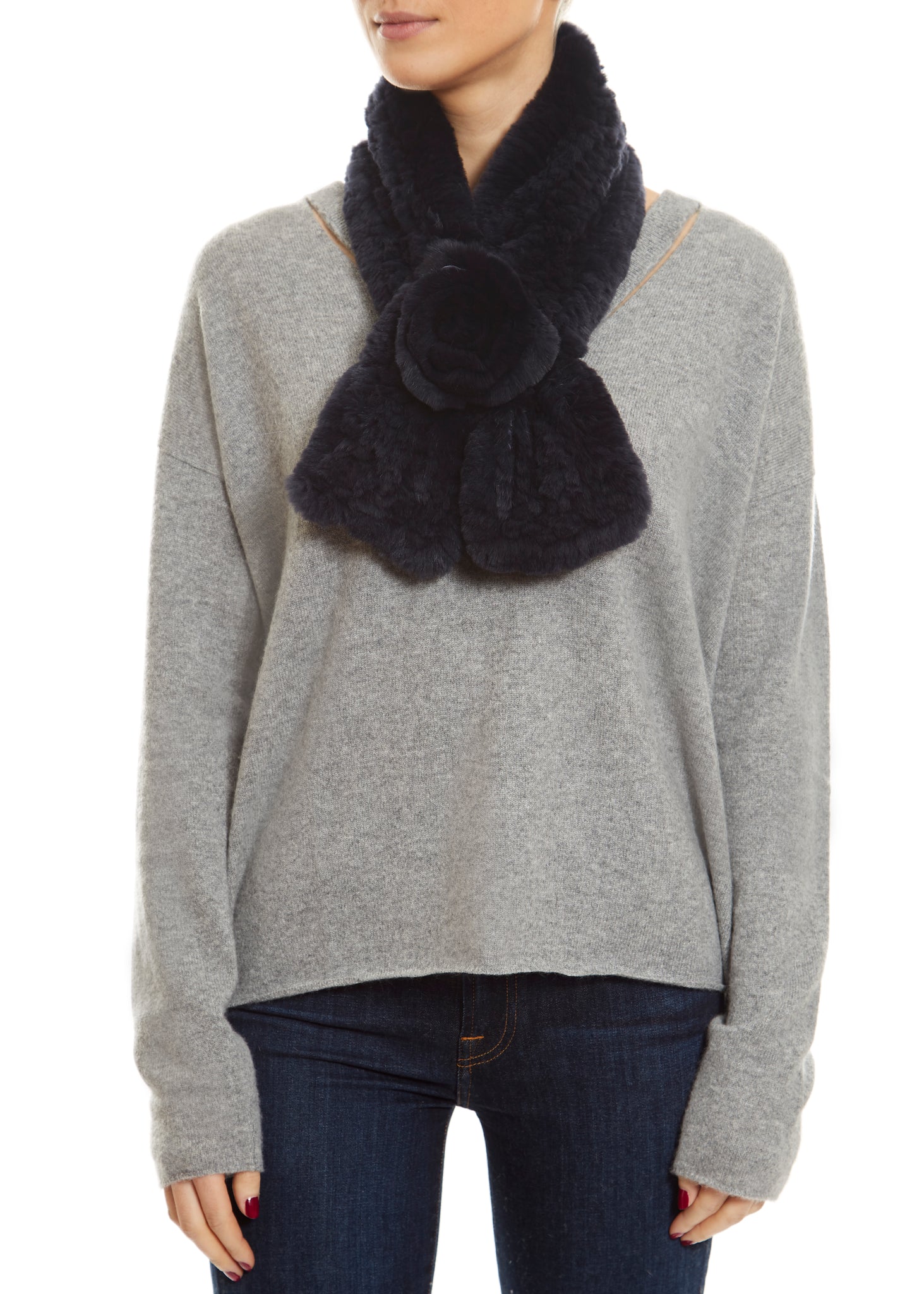 Navy Real Rex Rabbit Fur Rose Scarf - Jessimara