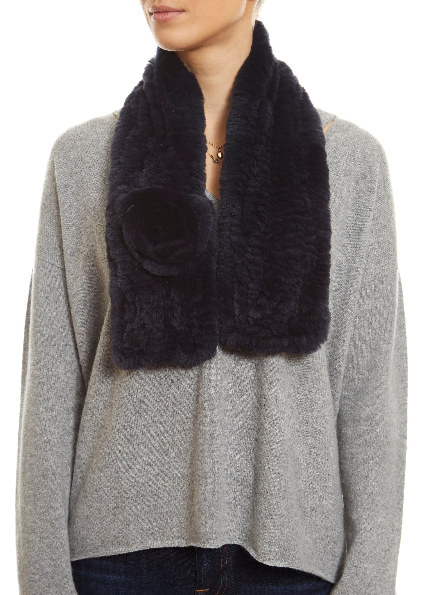 Navy Real Rex Rabbit Fur Rose Scarf - Jessimara