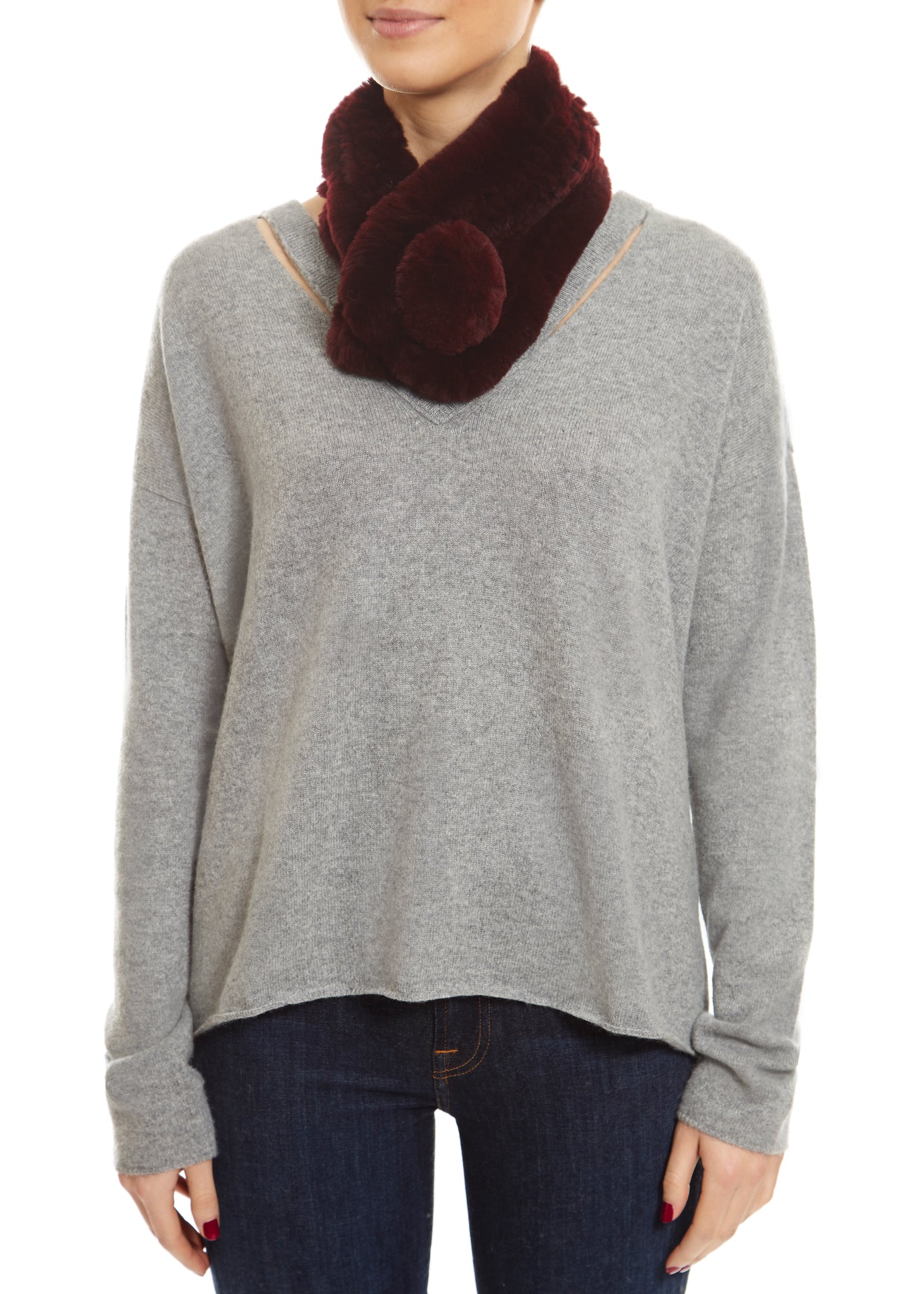 Burgundy Bobble Knitted Rabbit Luxury Fur Scarf - Jessimara