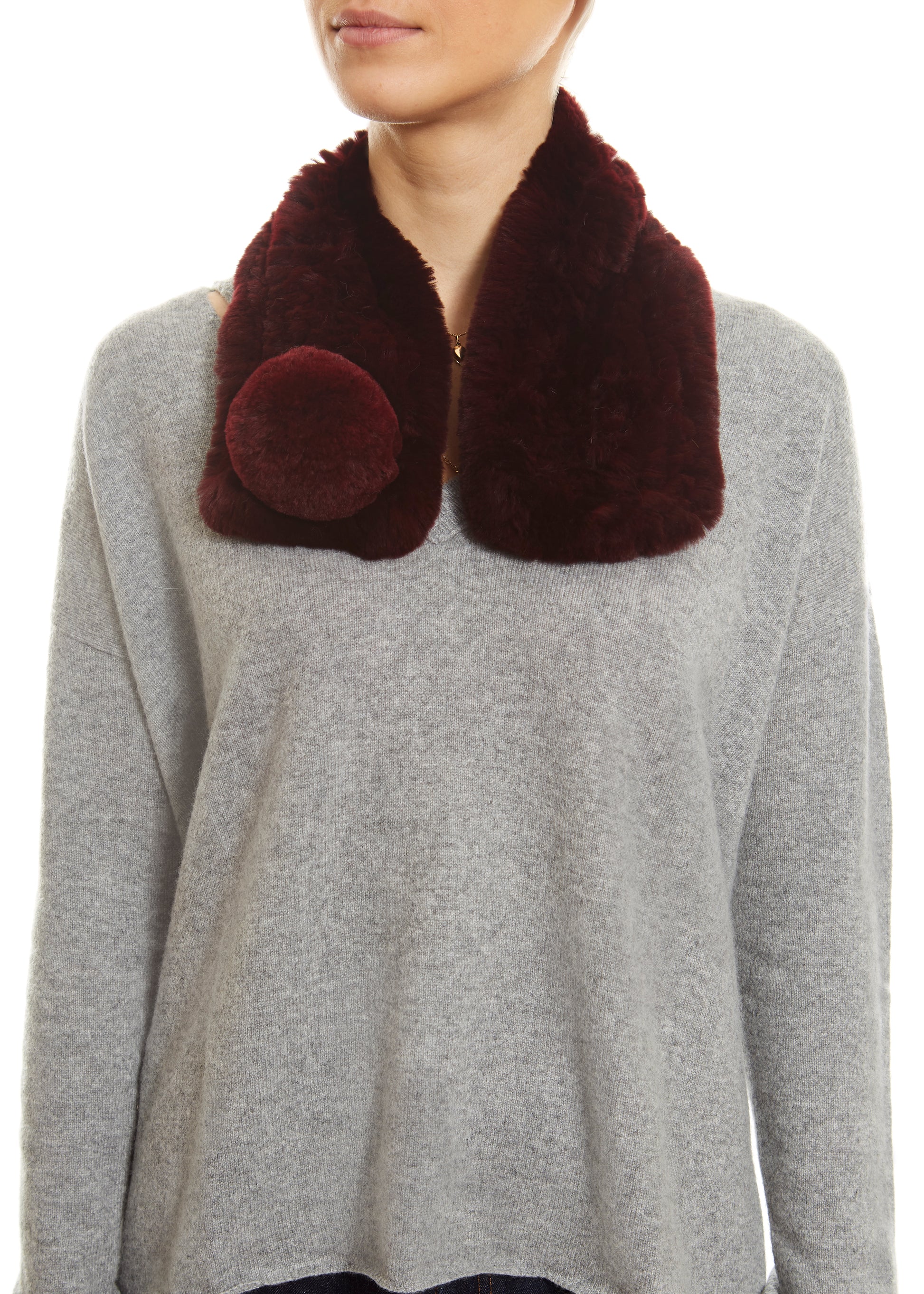 Burgundy Bobble Knitted Rabbit Luxury Fur Scarf - Jessimara