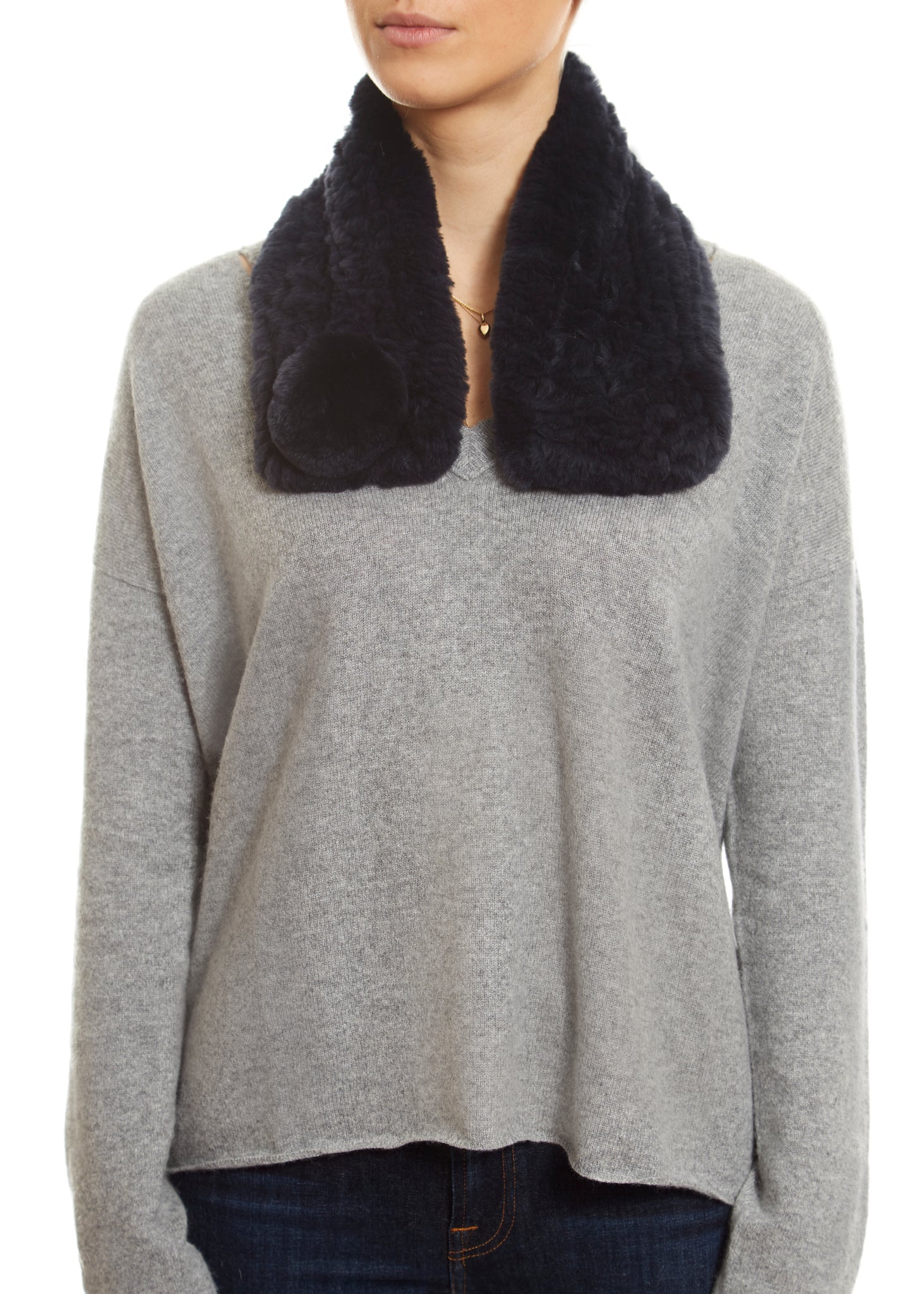 Navy Blue Knitted Rabbit Luxury Fur Bobble Scarf - Jessimara
