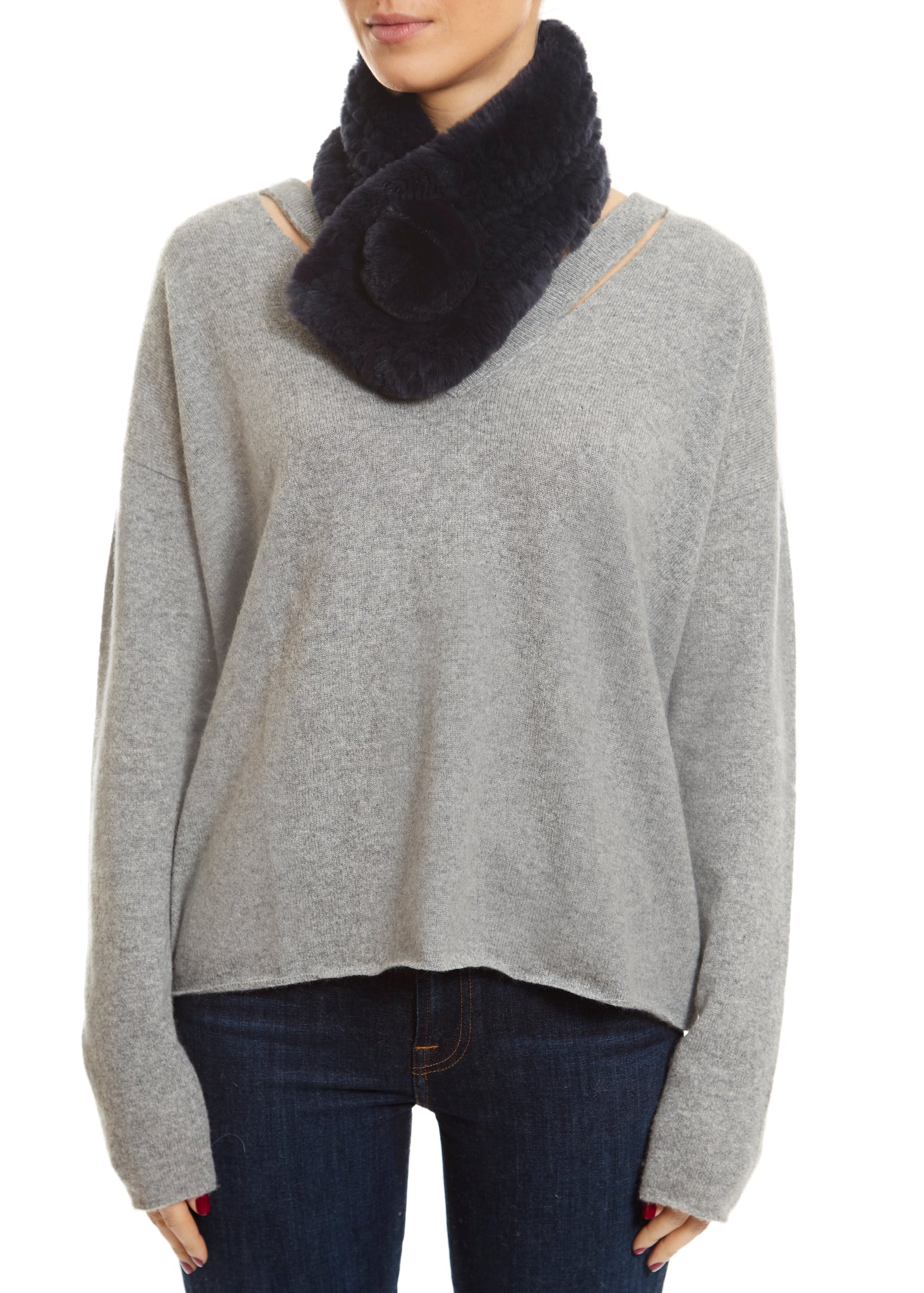 Navy Blue Knitted Rabbit Luxury Fur Bobble Scarf - Jessimara