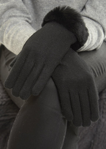 Black Gloves With Black Rex Rabbit Fur Trim - Jessimara