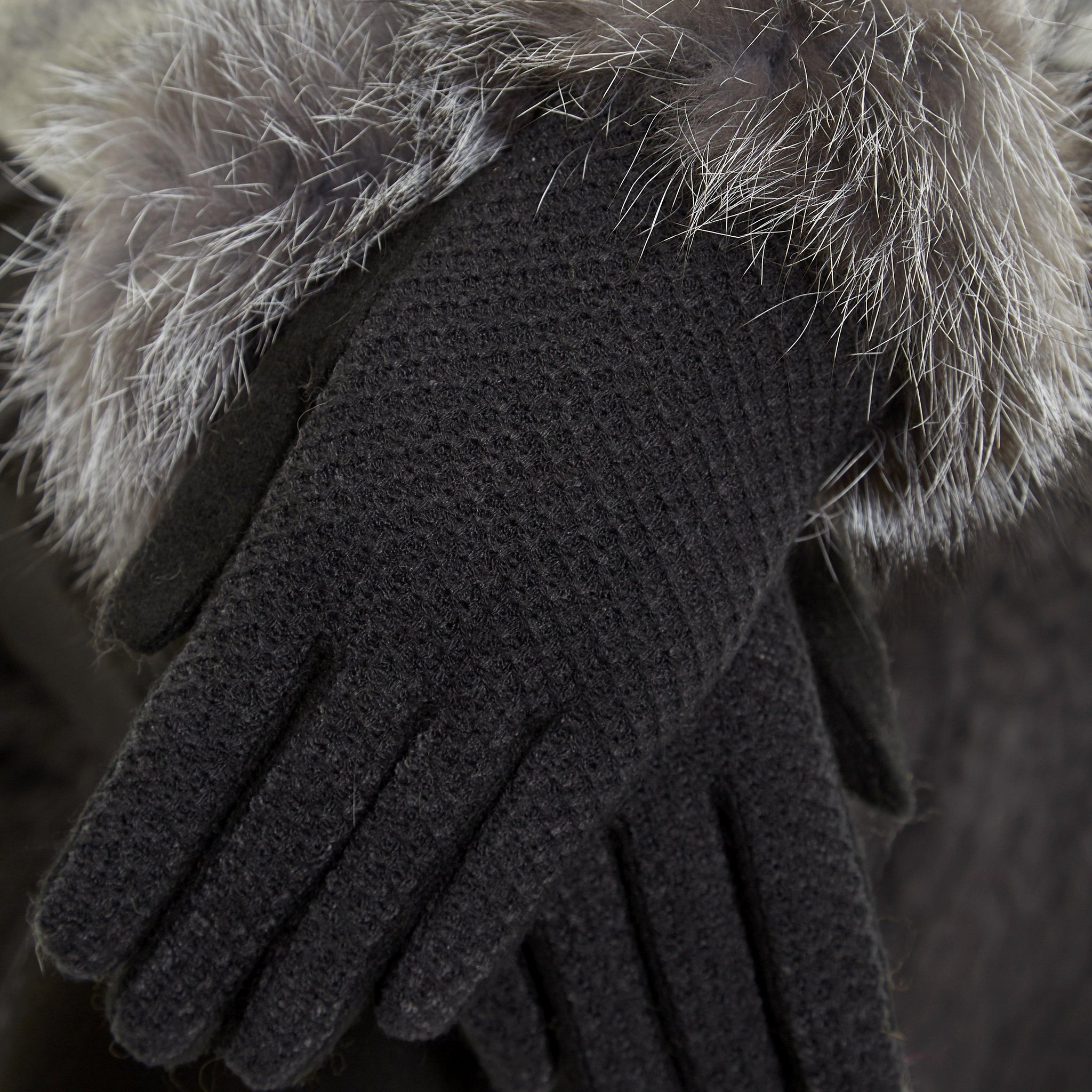 Black Stitching Detailed Gloves With Silver Fox Trim - Jessimara