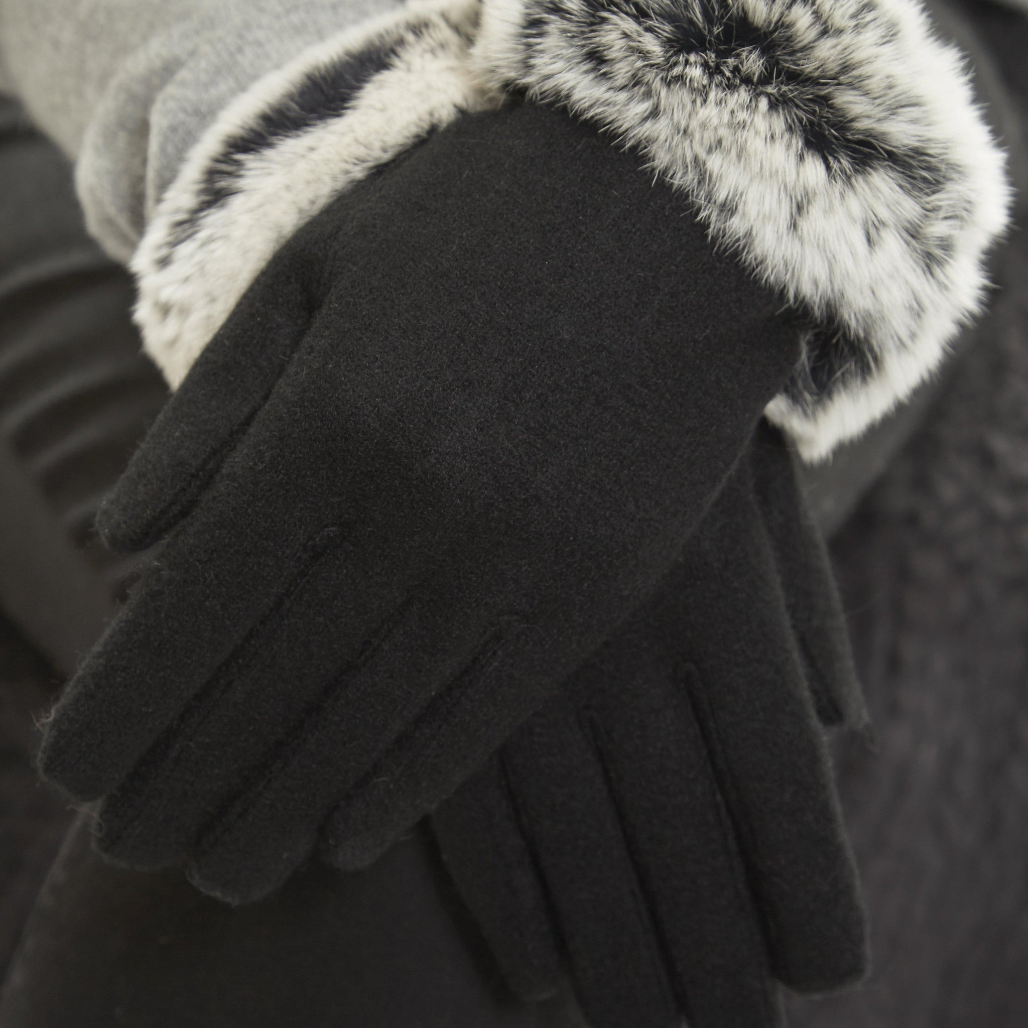 Black Gloves With Black Snowtop Rex Rabbit Fur Trim - Jessimara