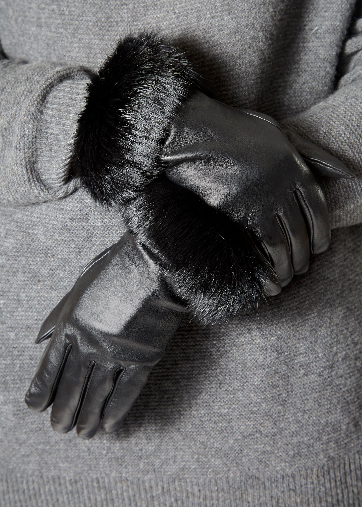 Black Leather Gloves With Rabbit Fur Trim - Jessimara