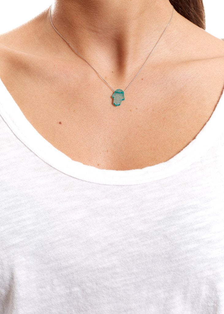 Green Sterling Silver Necklace With Opal Hamsa - Jessimara