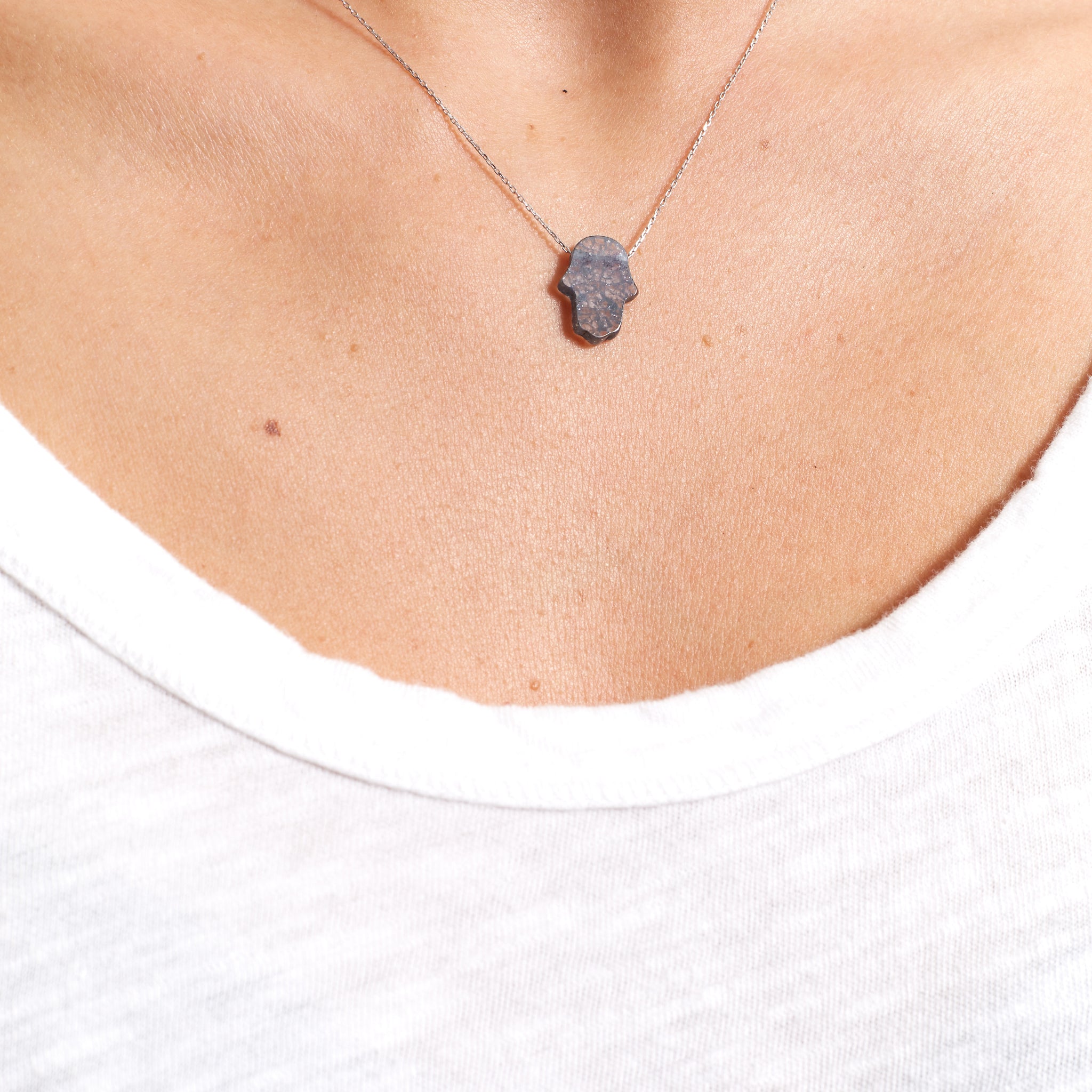 Grey Sterling Silver Necklace With Opal Hamsa - Jessimara