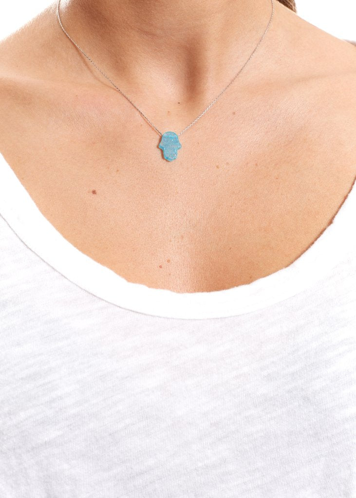 Turquoise Sterling Silver Necklace With Opal Hamsa - Jessimara