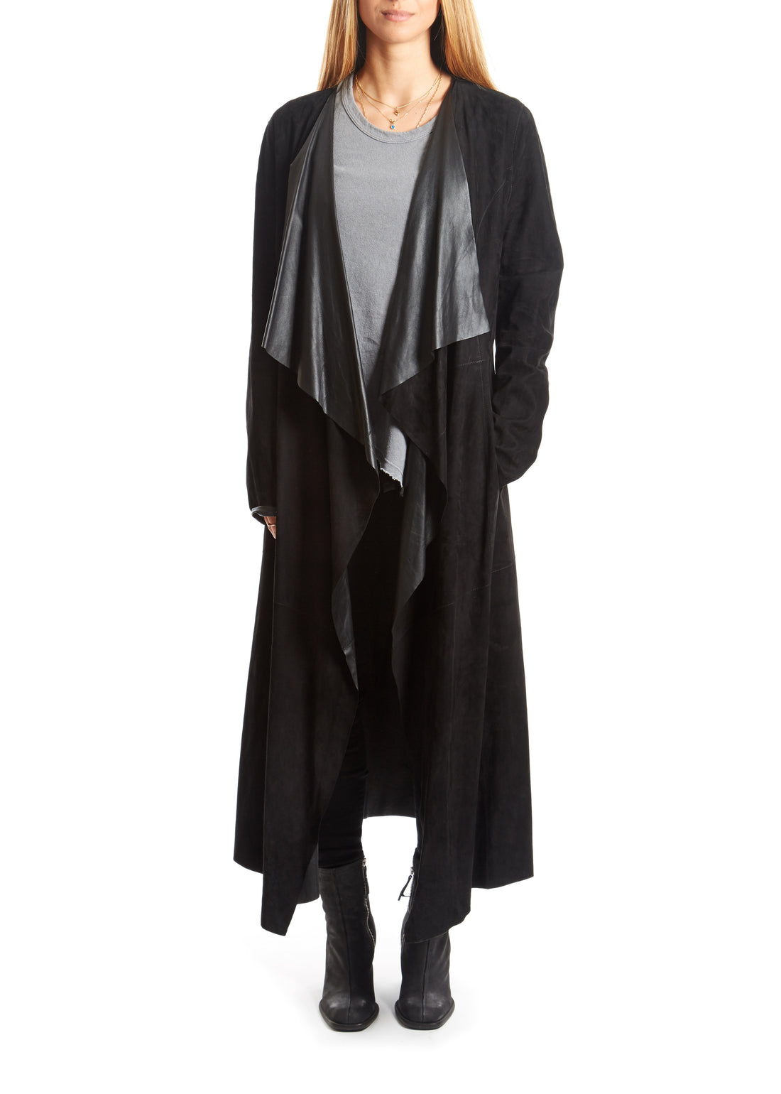 Black Suede Long Waterfall Coat - Jessimara