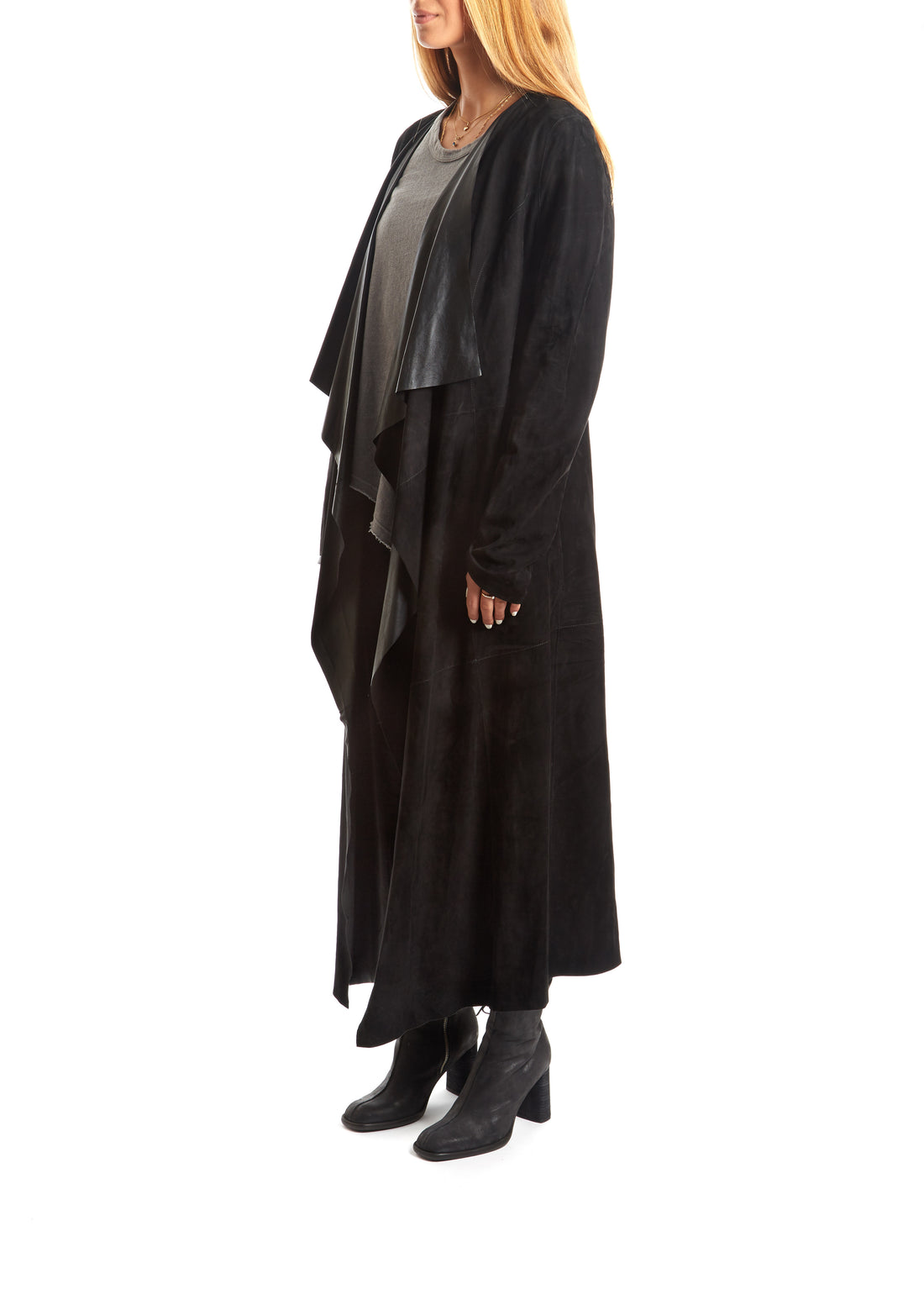 Black Suede Long Waterfall Coat - Jessimara