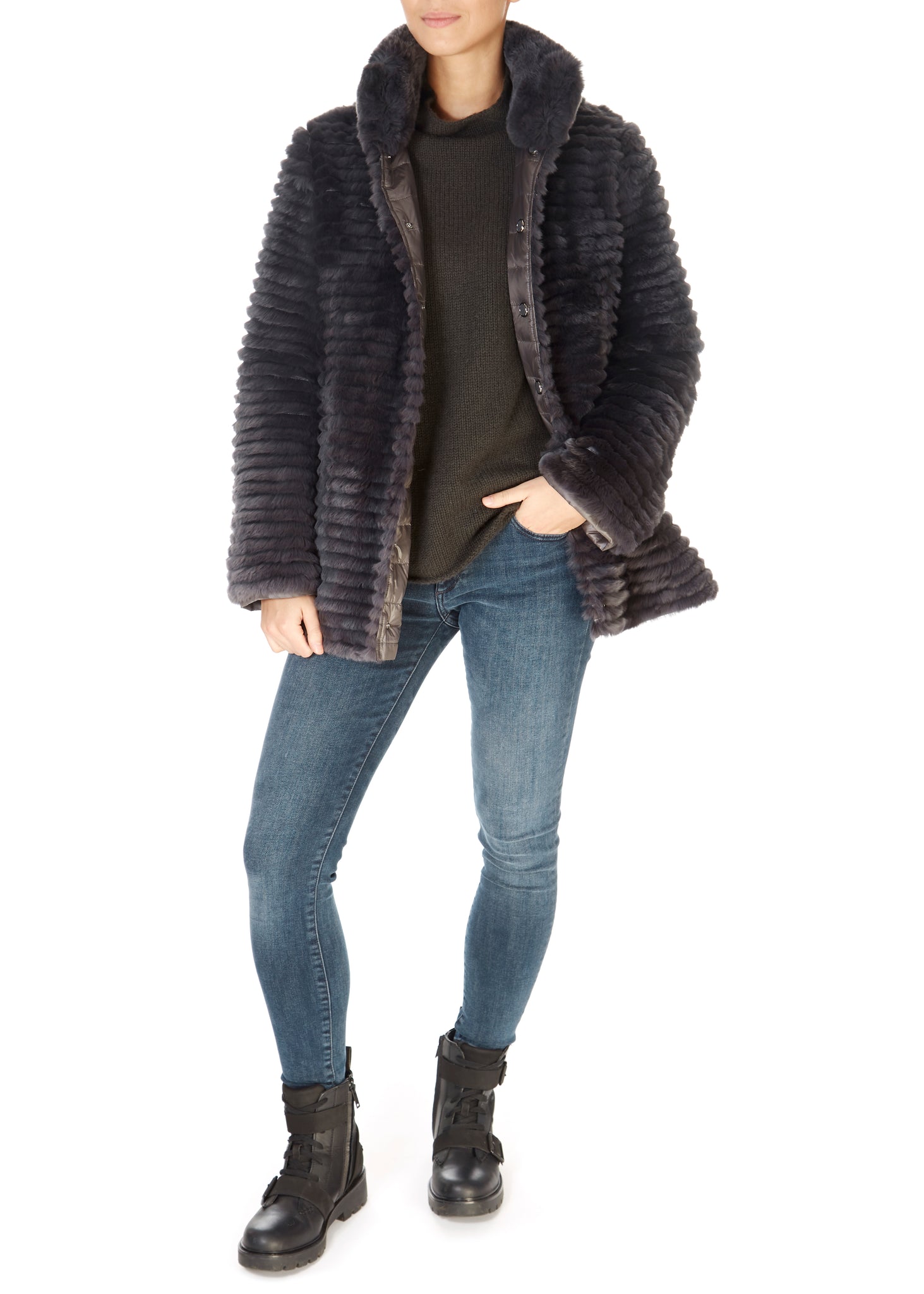 Short Grey Rex Rabbit Reversible Puffer - Jessimara