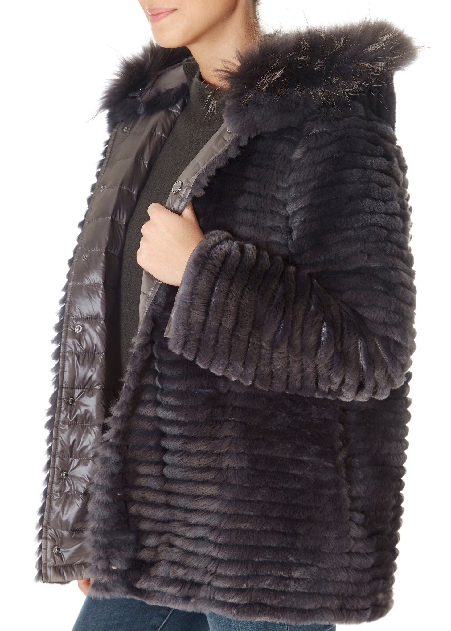 Short Grey Rex Rabbit Reversible Puffer - Jessimara
