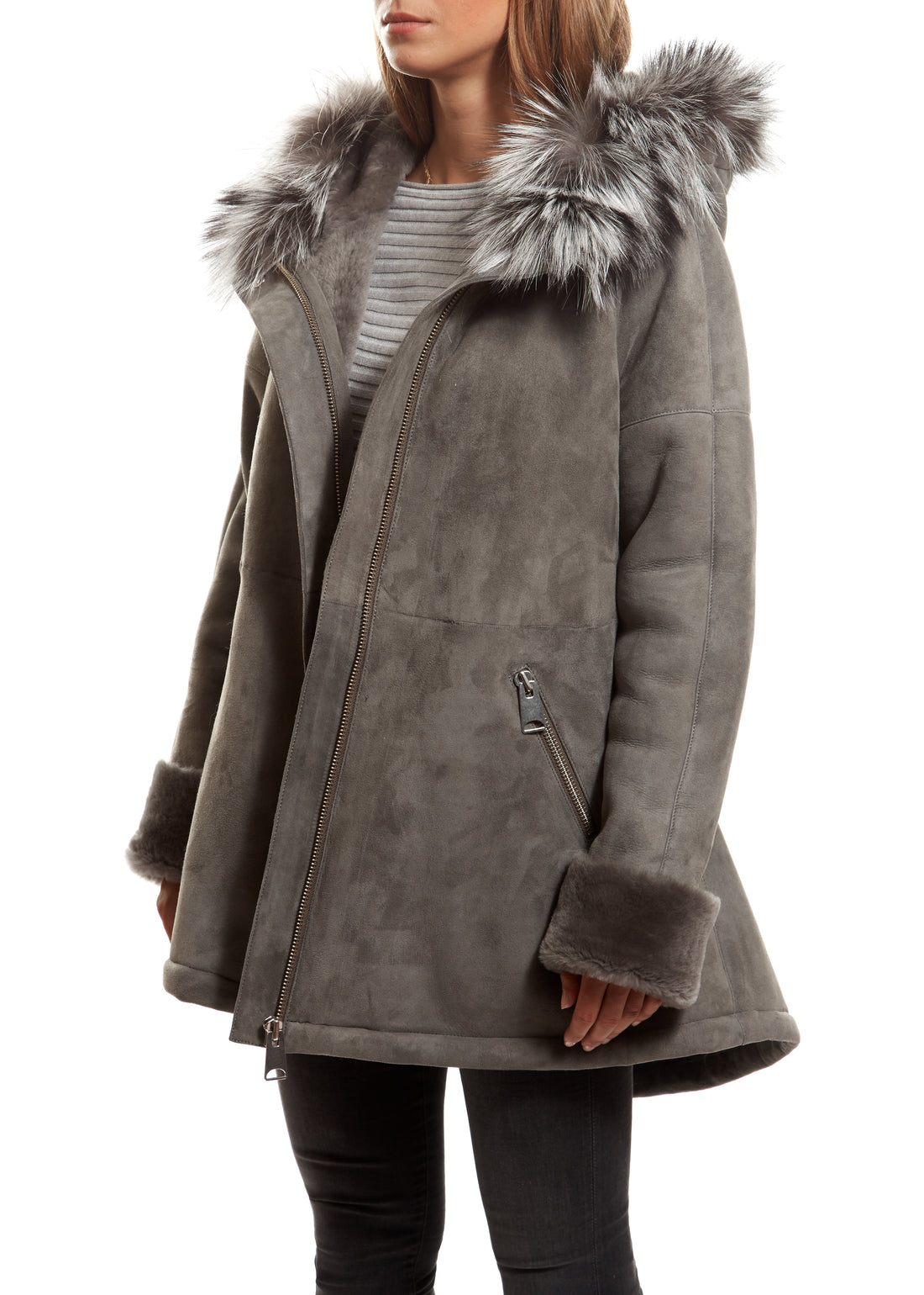 Light Grey Sheepskin Duffle Coat - Jessimara