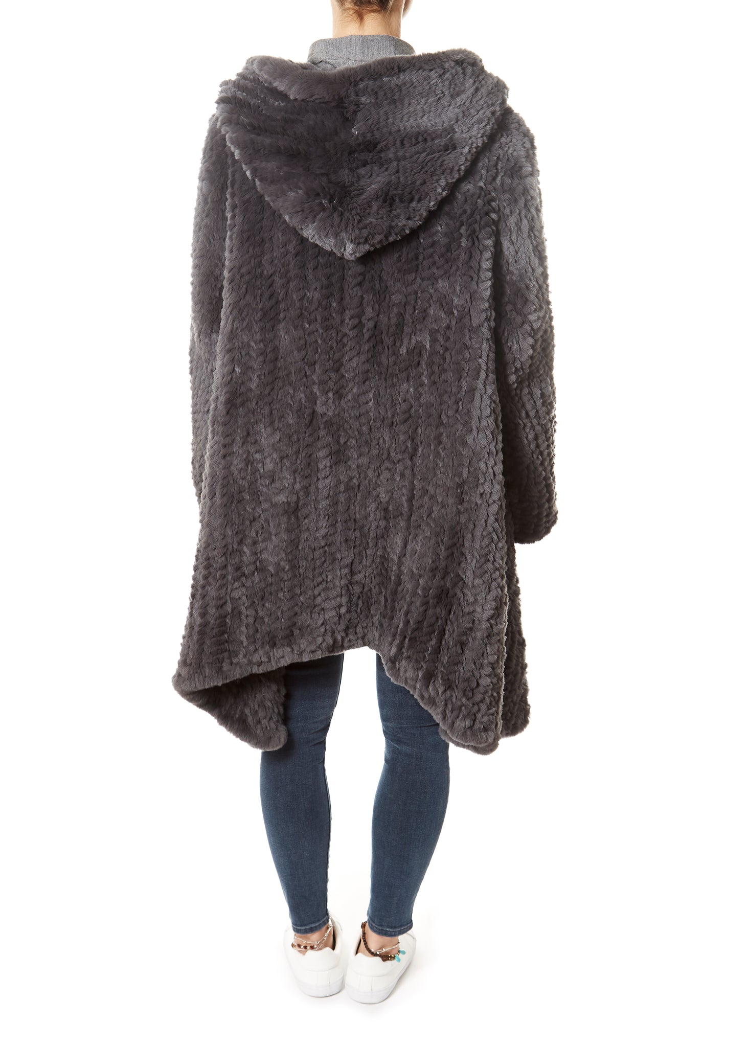 Dark Grey Long Hooded Asymmetric Knitted Rex Rabbit Jacket - Jessimara