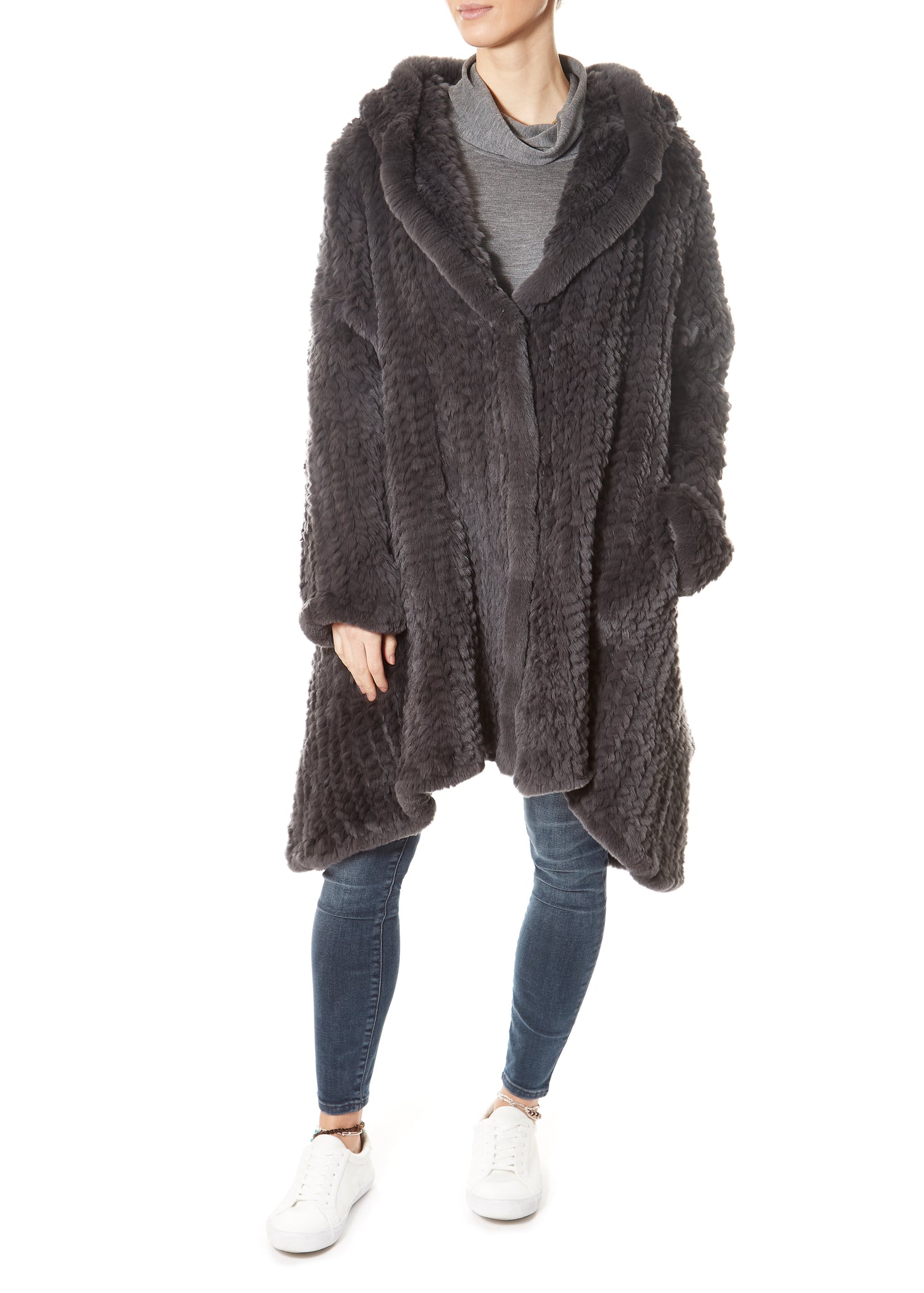 Dark Grey Long Hooded Asymmetric Knitted Rex Rabbit Jacket - Jessimara