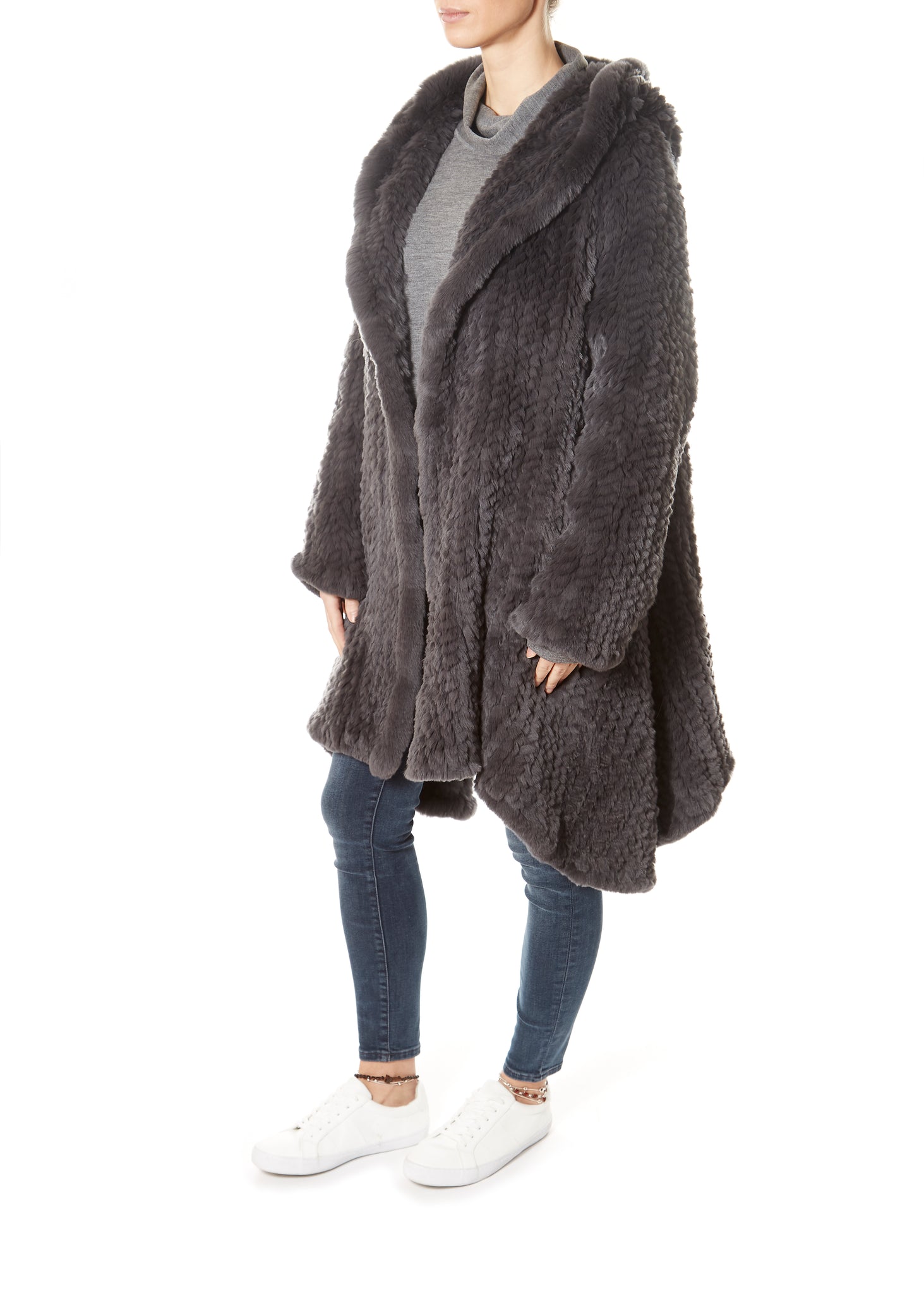 Dark Grey Long Hooded Asymmetric Knitted Rex Rabbit Jacket - Jessimara