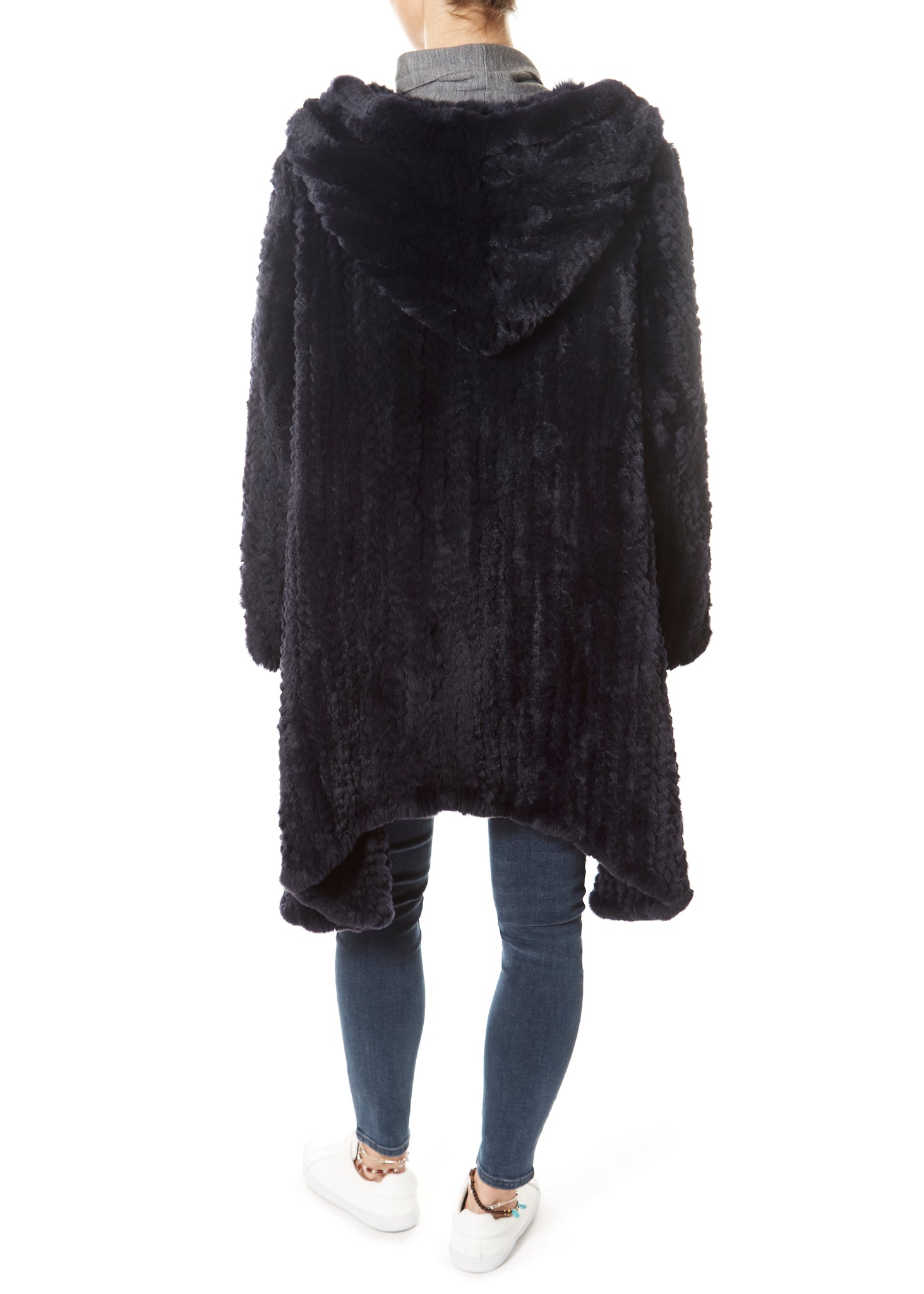 Navy Long Hooded Asymmetric Knitted Rex Rabbit Jacket - Jessimara