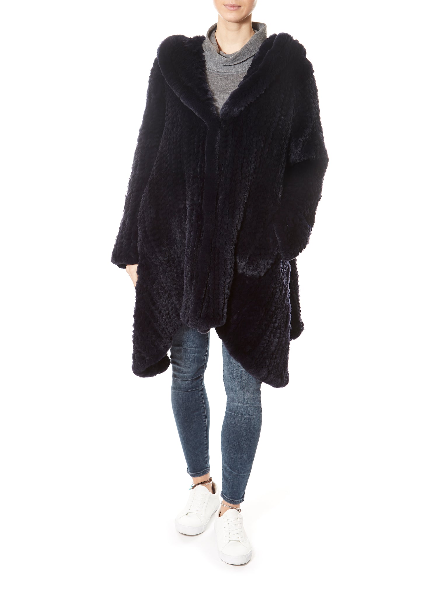 Navy Long Hooded Asymmetric Knitted Rex Rabbit Jacket - Jessimara
