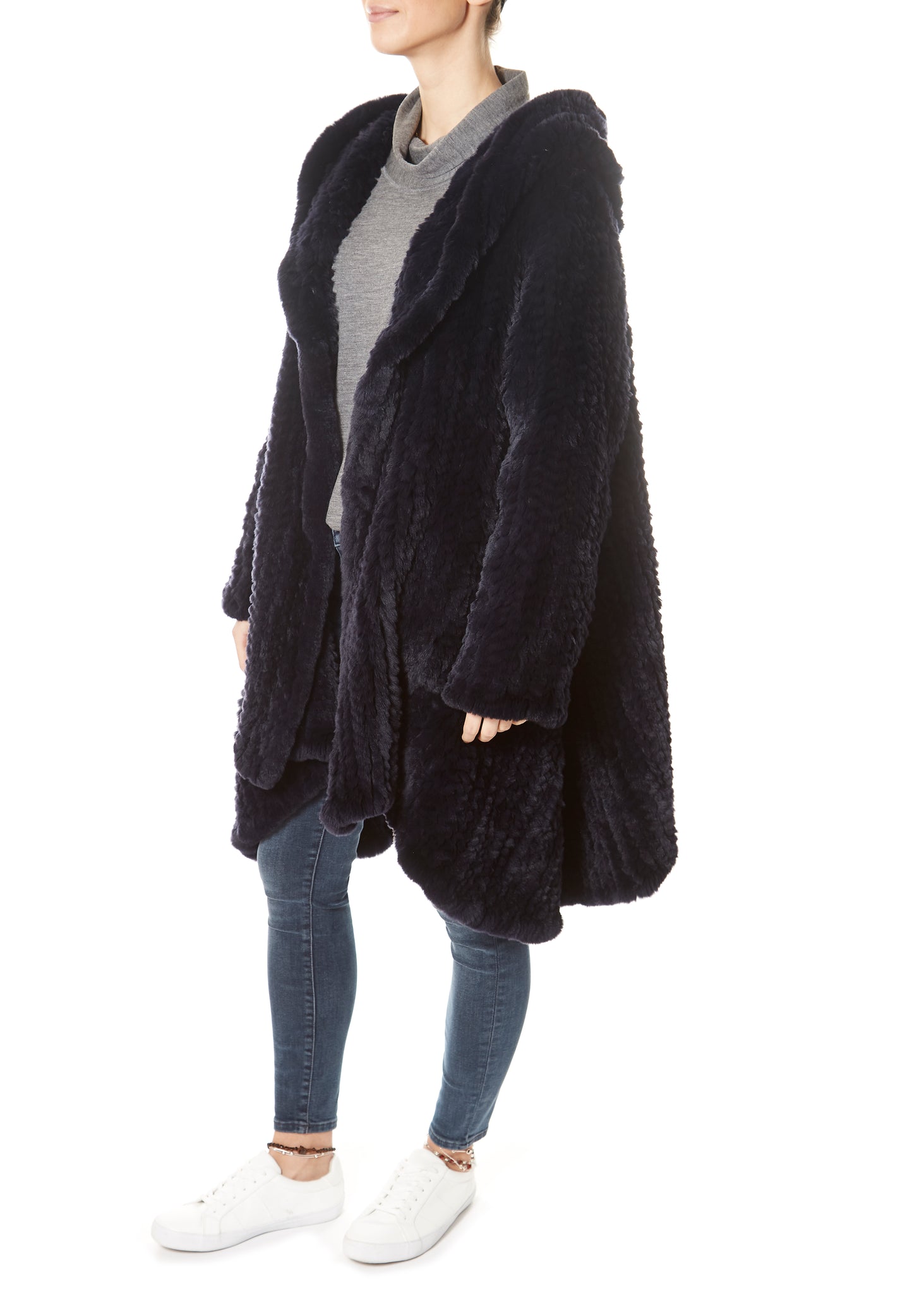 Navy Long Hooded Asymmetric Knitted Rex Rabbit Jacket - Jessimara