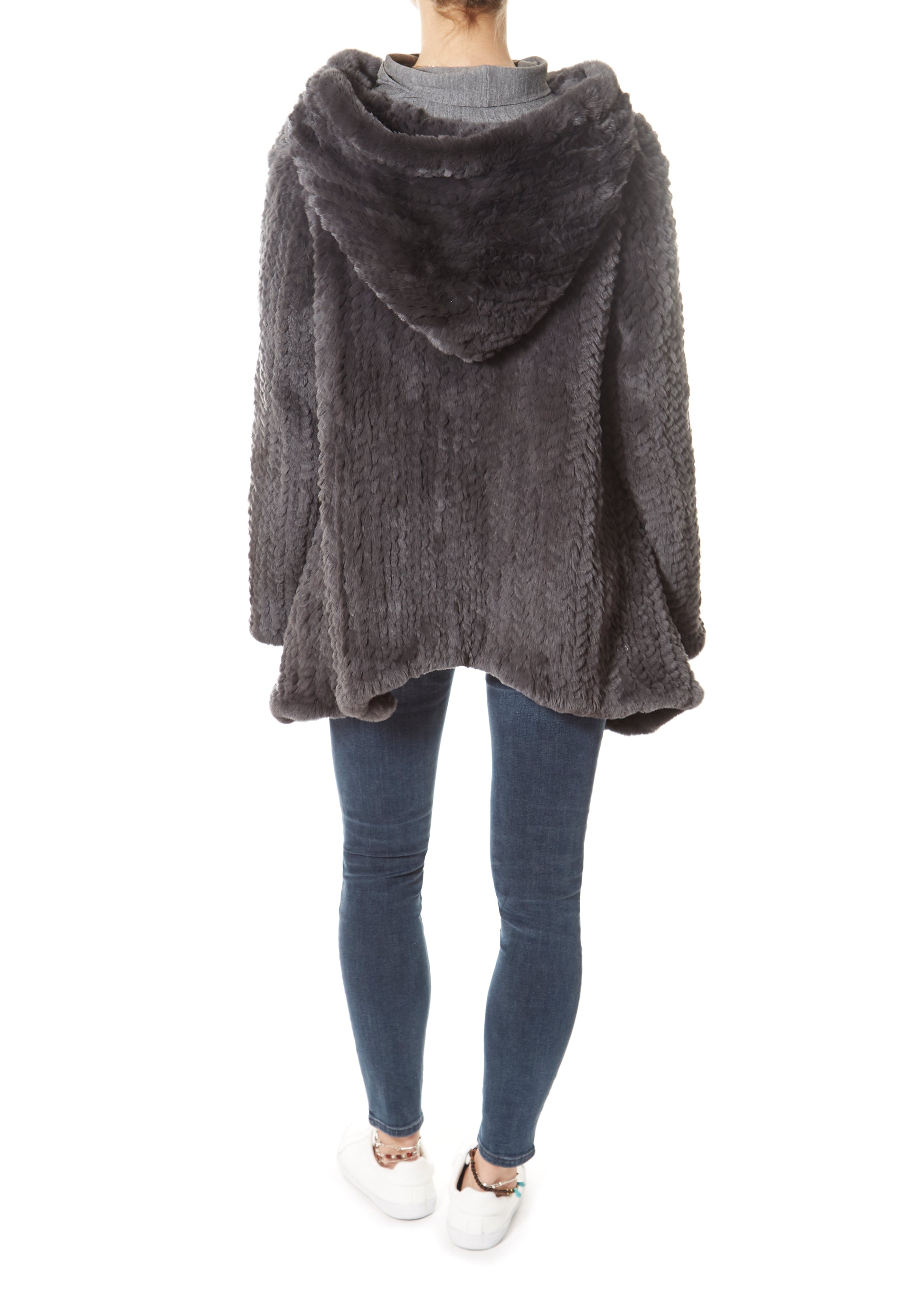 Dark Grey Asymmetric Knitted Rex Rabbit Jacket With Hood - Jessimara