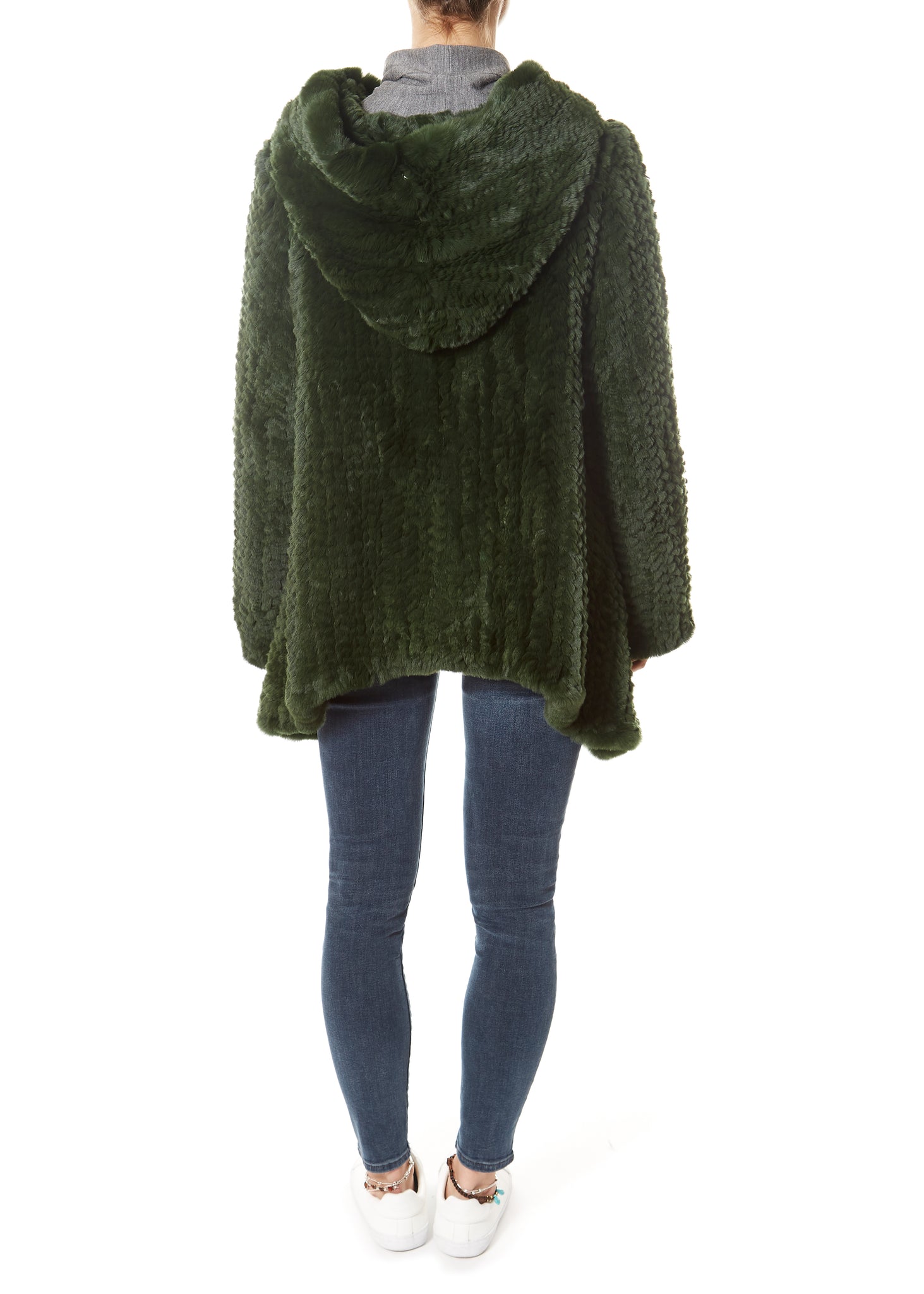 Green Asymmetric Knitted Rex Rabbit Jacket With Hood - Jessimara