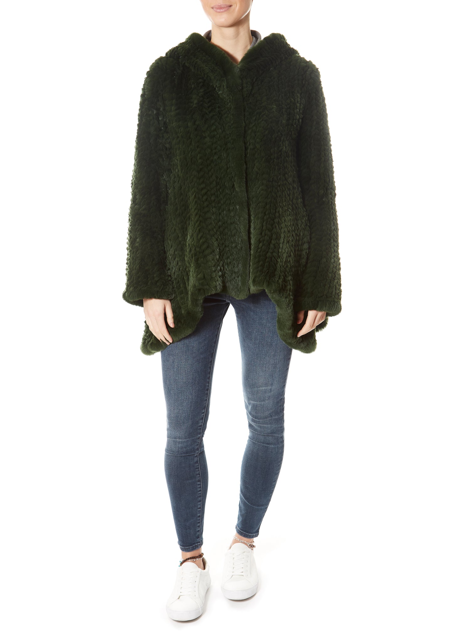 Green Asymmetric Knitted Rex Rabbit Jacket With Hood - Jessimara