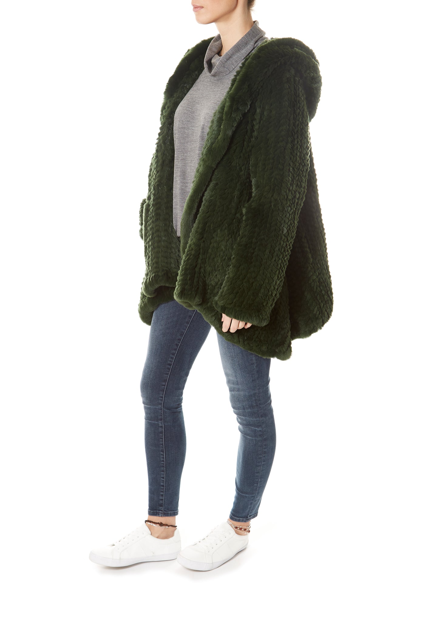 Green Asymmetric Knitted Rex Rabbit Jacket With Hood - Jessimara