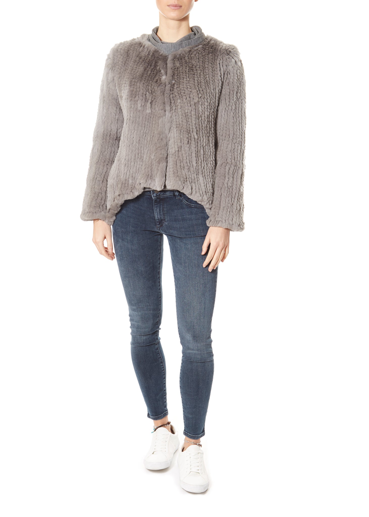 Light Grey Asymmetric Knitted Rex Rabbit Jacket - Jessimara