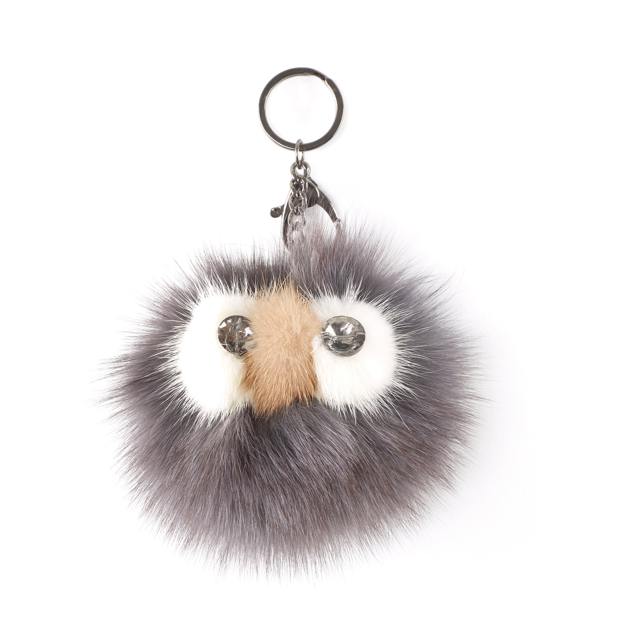 'Owl' Dark Grey Mink Fur Pom Keychain - Jessimara