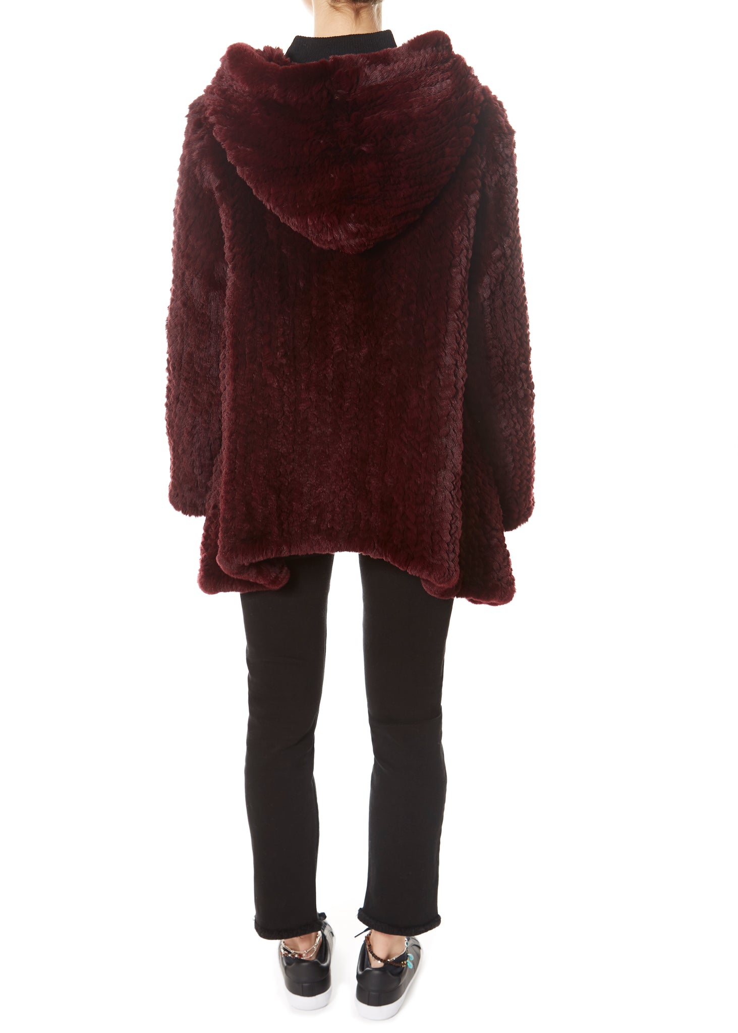 Burgundy Hooded Asymmetric Knitted Rex Rabbit Jacket - Jessimara