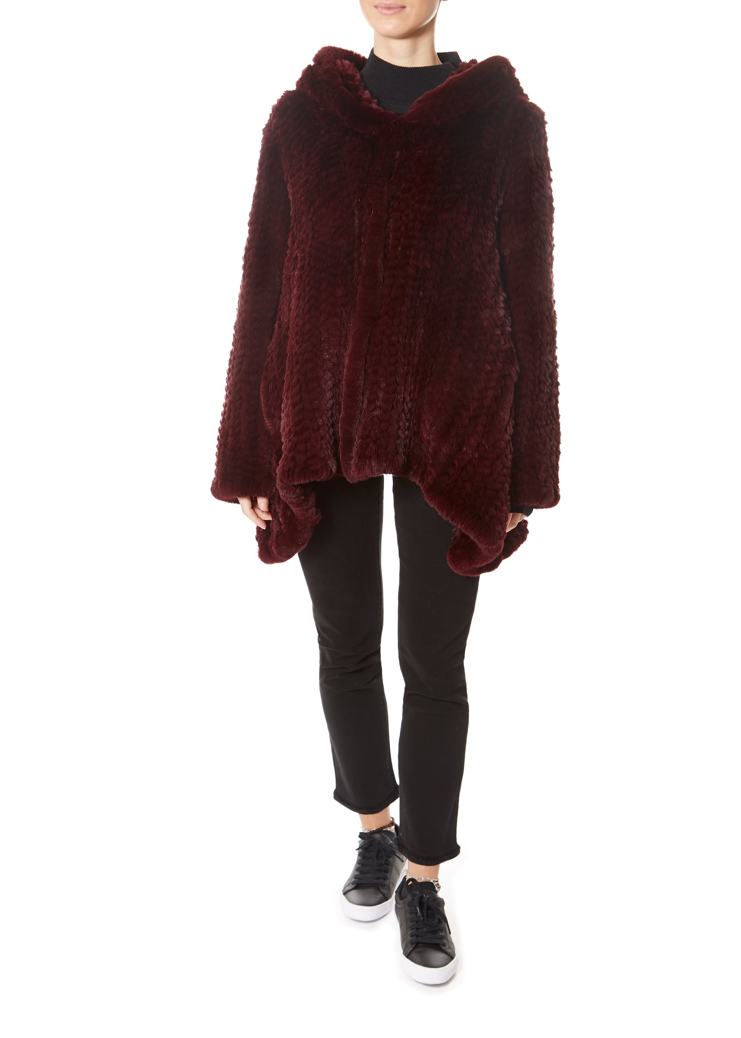 Burgundy Hooded Asymmetric Knitted Rex Rabbit Jacket - Jessimara