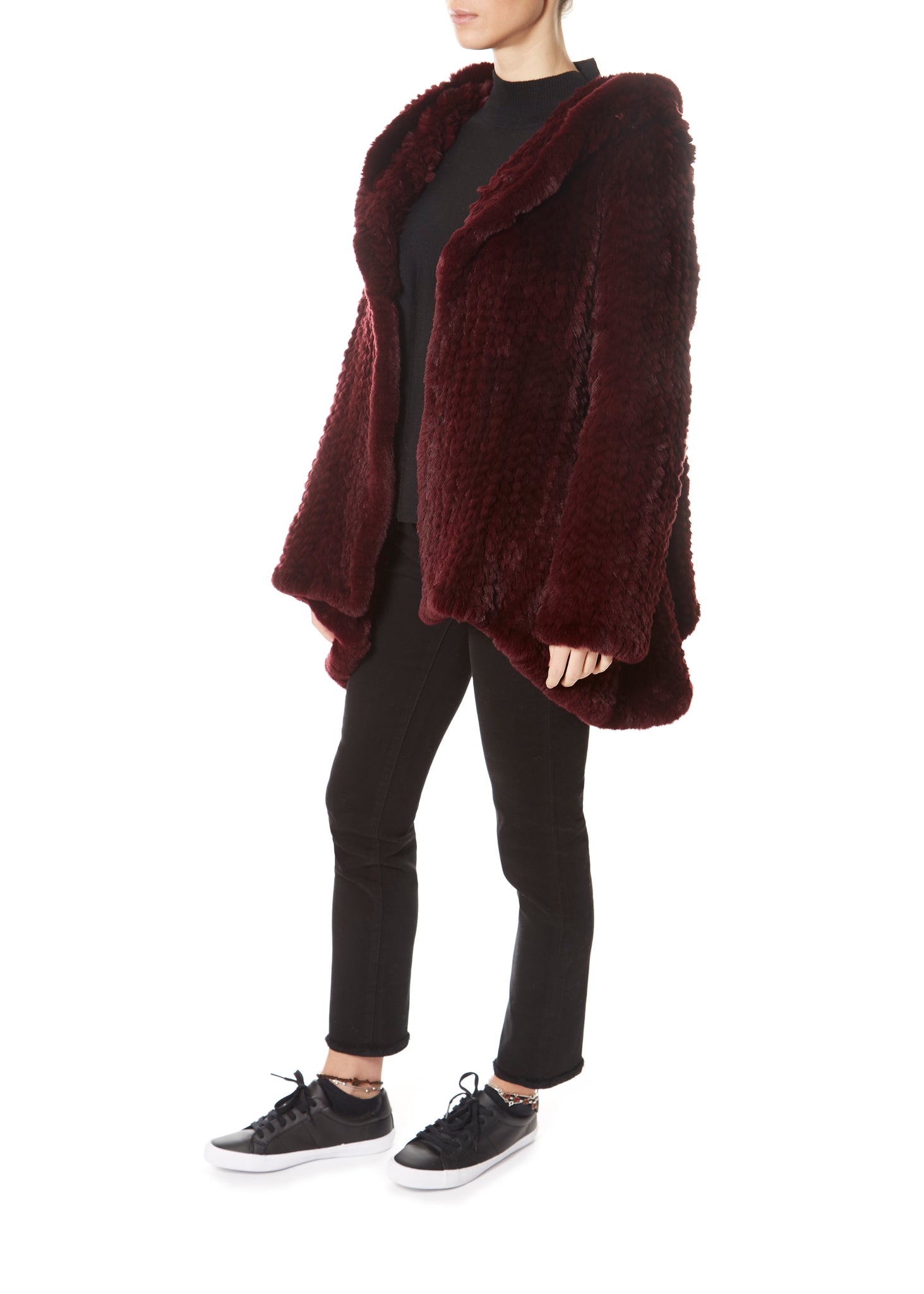 Burgundy Hooded Asymmetric Knitted Rex Rabbit Jacket - Jessimara
