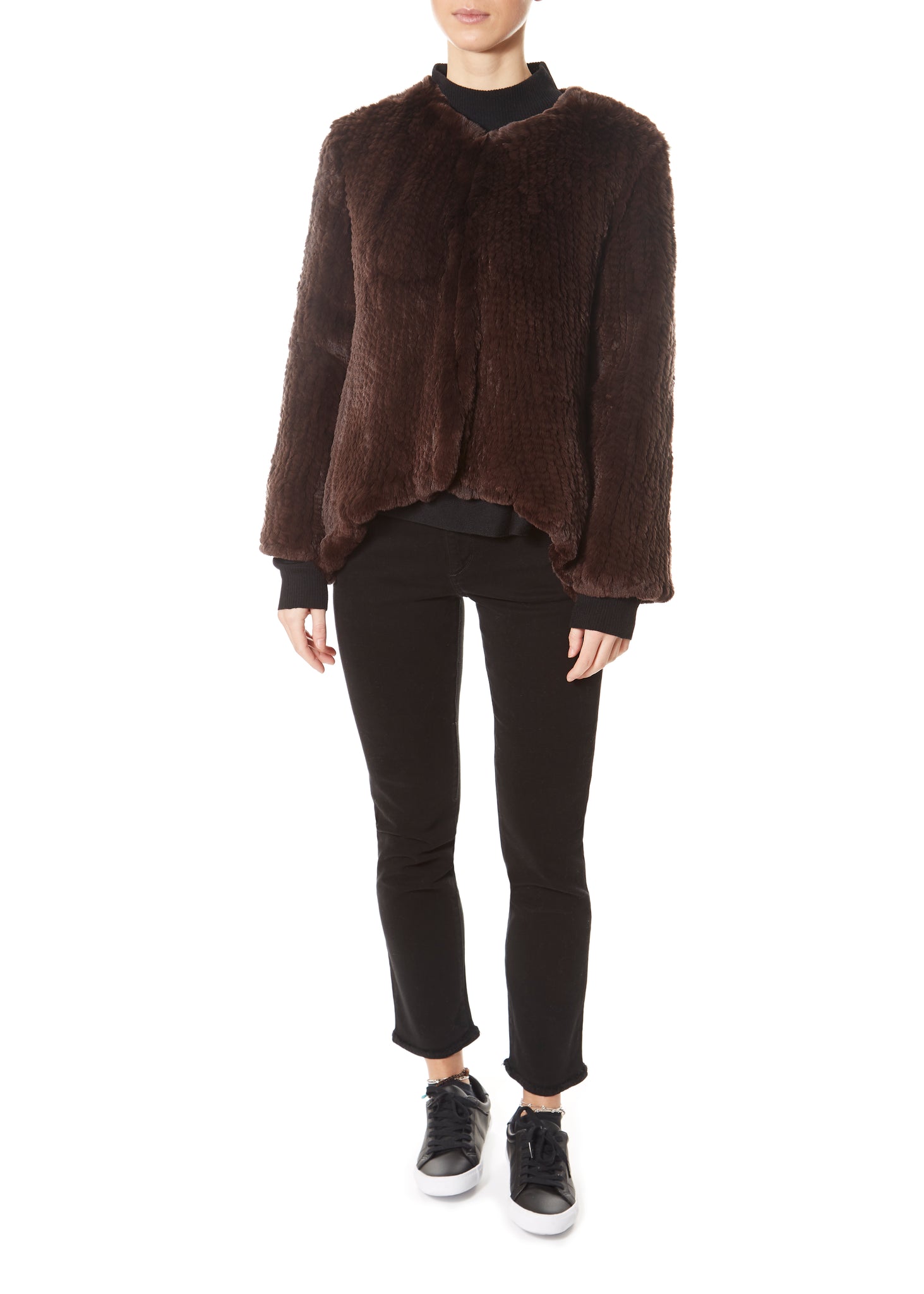 Brown Asymmetric Knitted Rex Rabbit Jacket - Jessimara